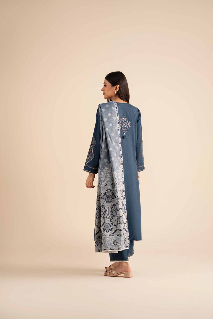 NISHATUAE - Blue Embroidered Karandi 3-piece Ready to wear Suit