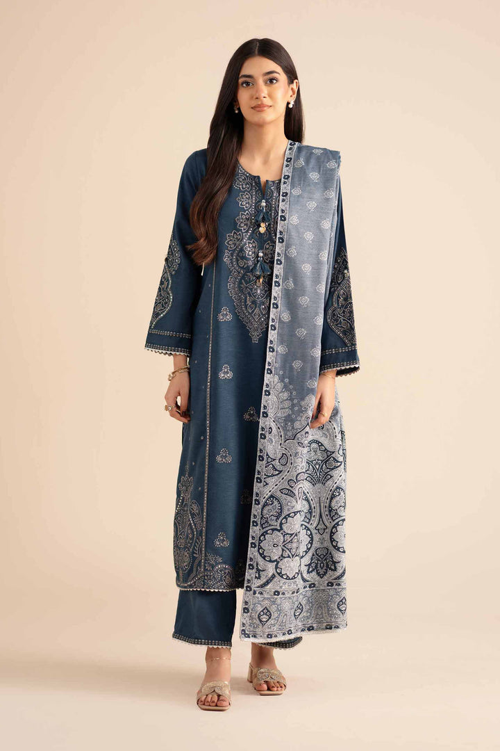 NISHATUAE - Blue Embroidered Karandi 3-piece Ready to wear Suit