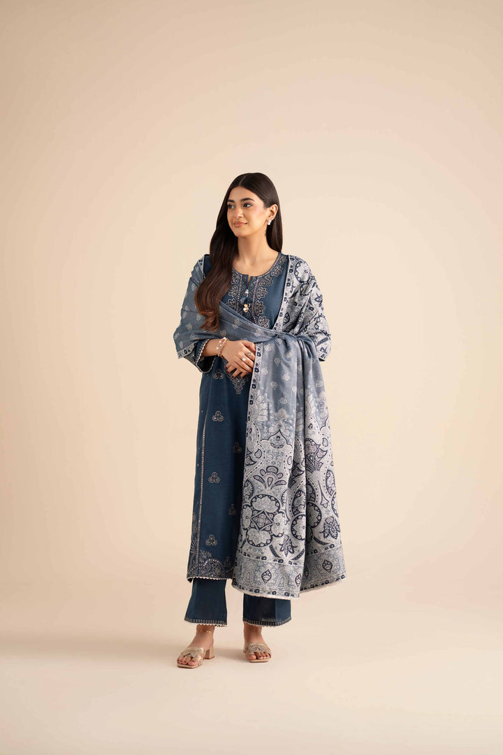 NISHATUAE - Blue Embroidered Karandi 3-piece Ready to wear Suit