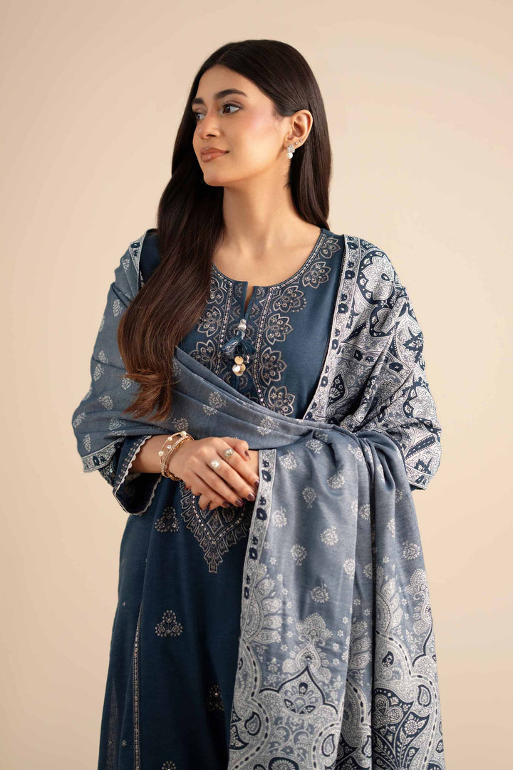 NISHATUAE - Blue Embroidered Karandi 3-piece Ready to wear Suit