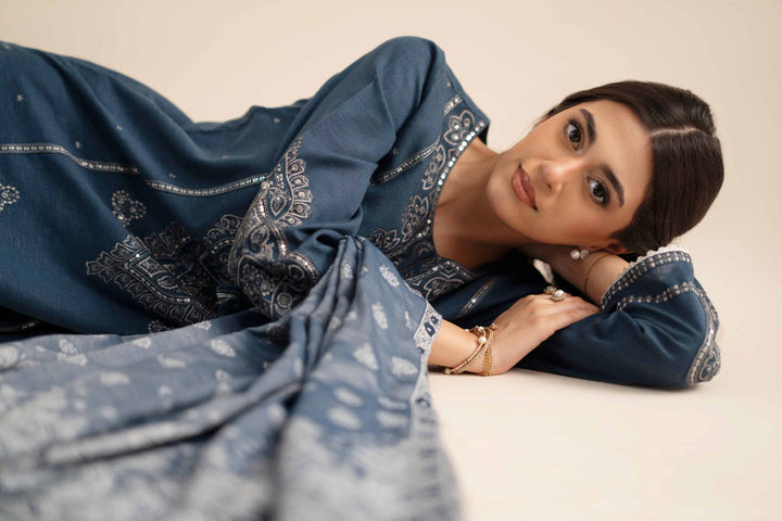 NISHATUAE - Blue Embroidered Karandi 3-piece Ready to wear Suit