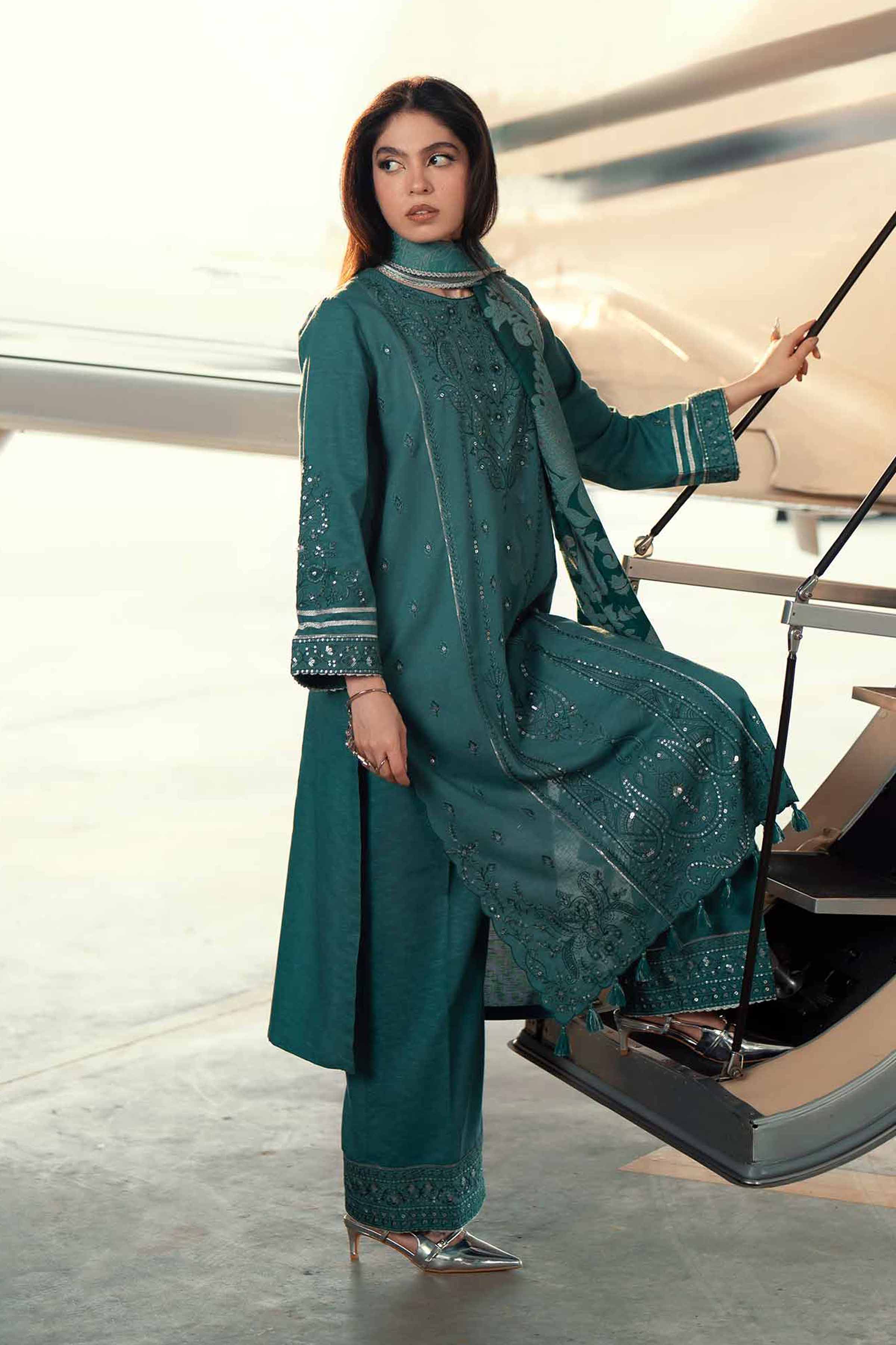 NISHATUAE - Green Embroidered Karandi 3-piece Ready to wear Suit