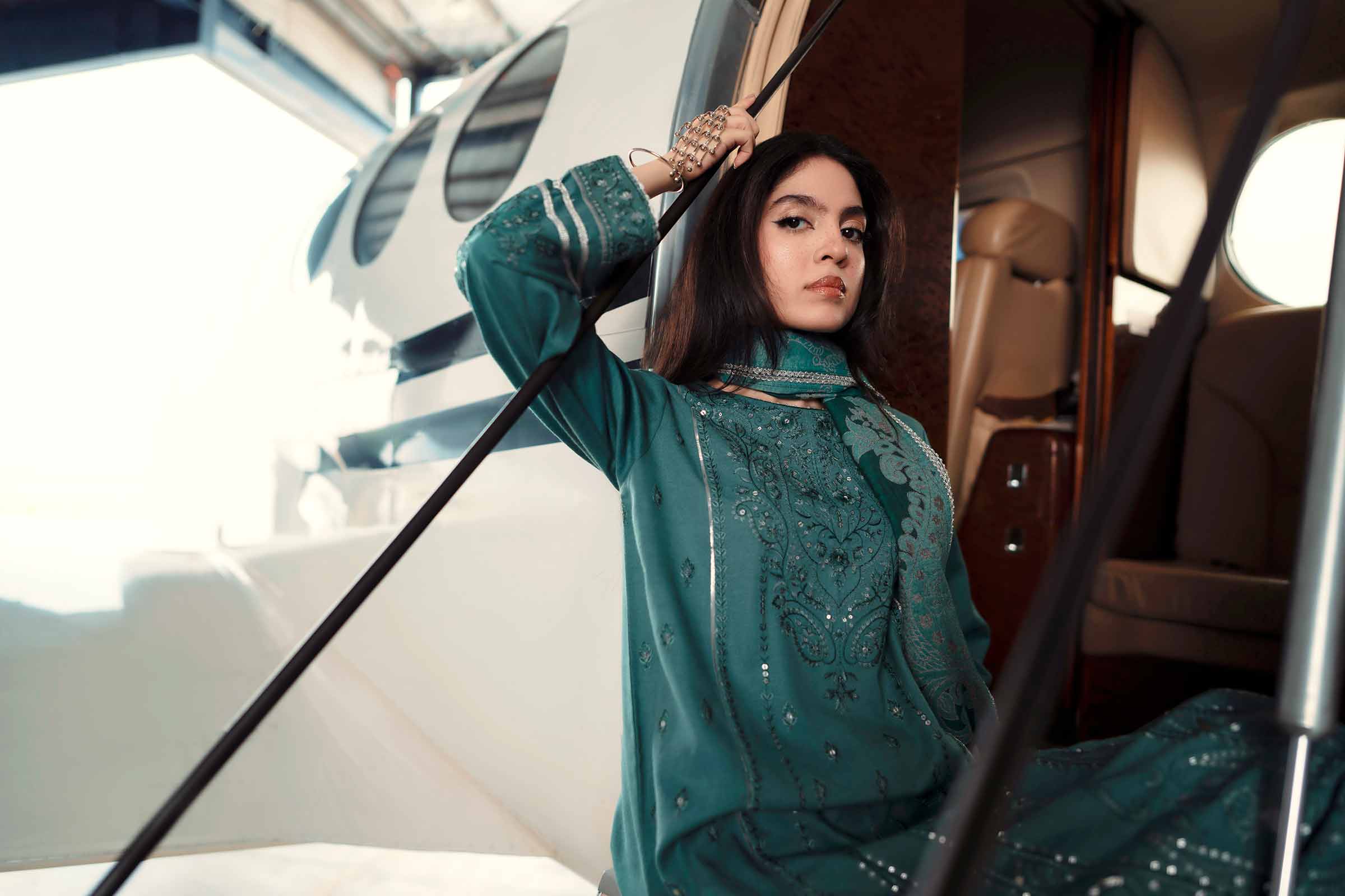 NISHATUAE - Green Embroidered Karandi 3-piece Ready to wear Suit