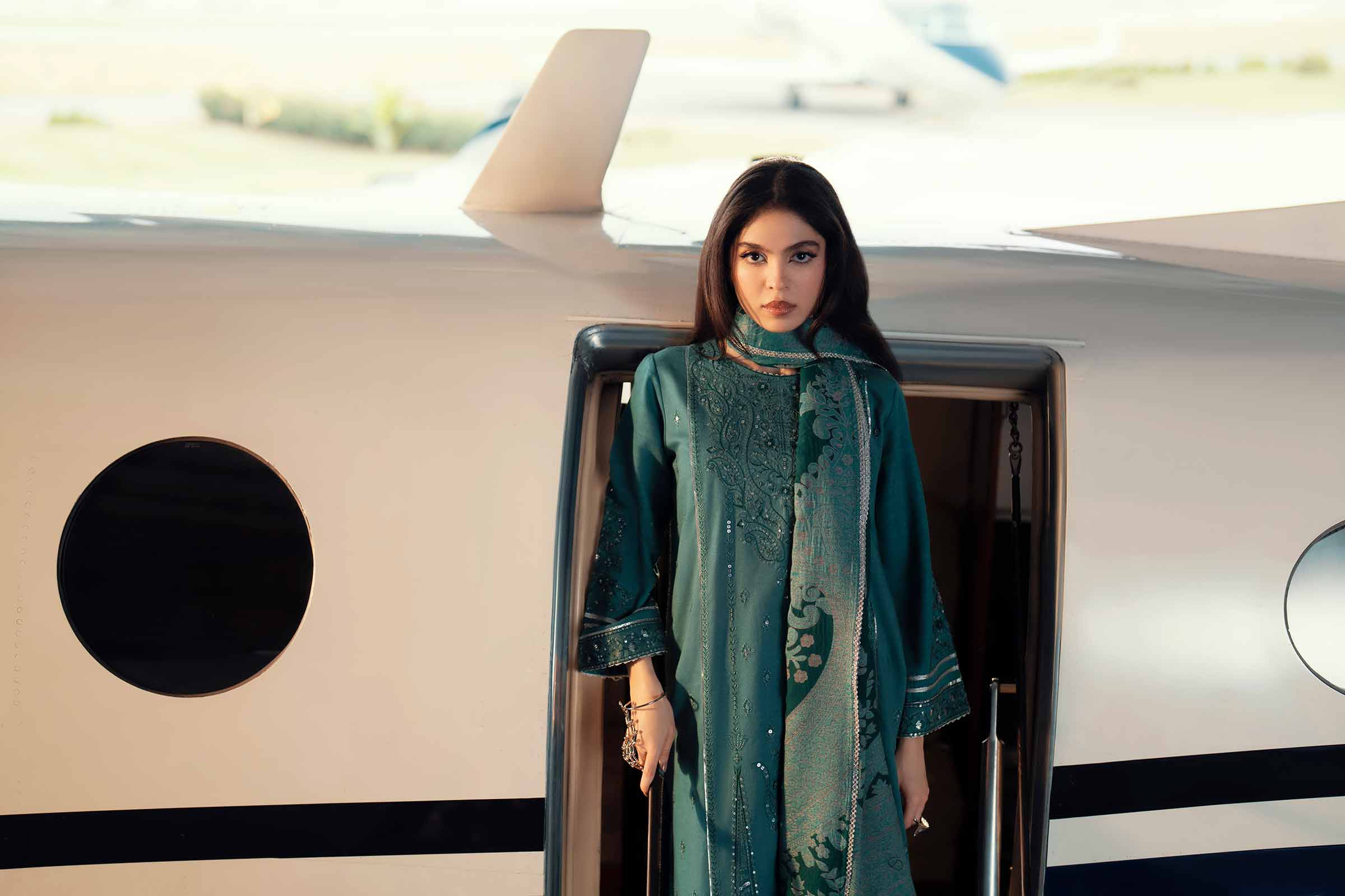 NISHATUAE - Green Embroidered Karandi 3-piece Ready to wear Suit