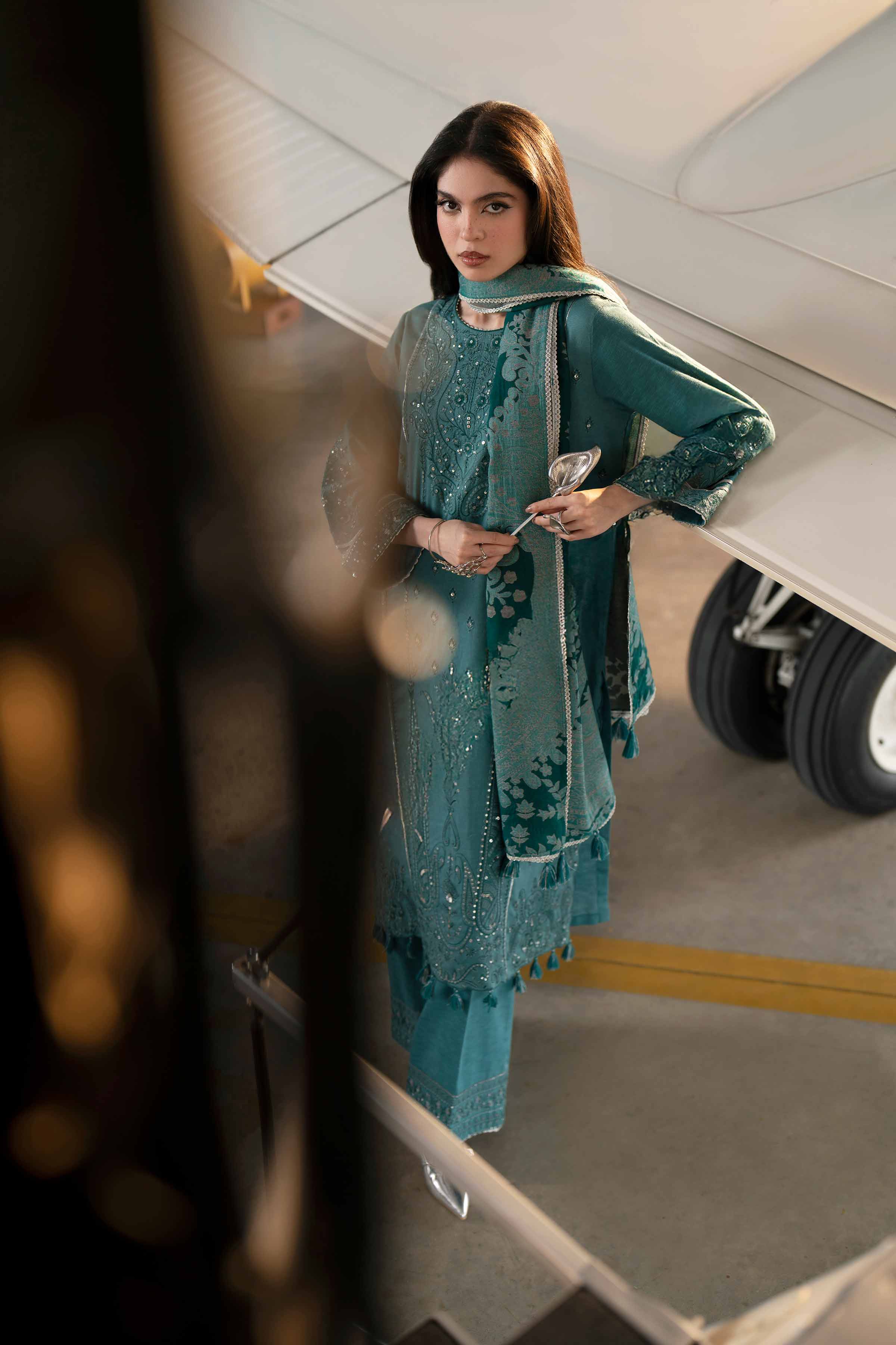 NISHATUAE - Green Embroidered Karandi 3-piece Ready to wear Suit