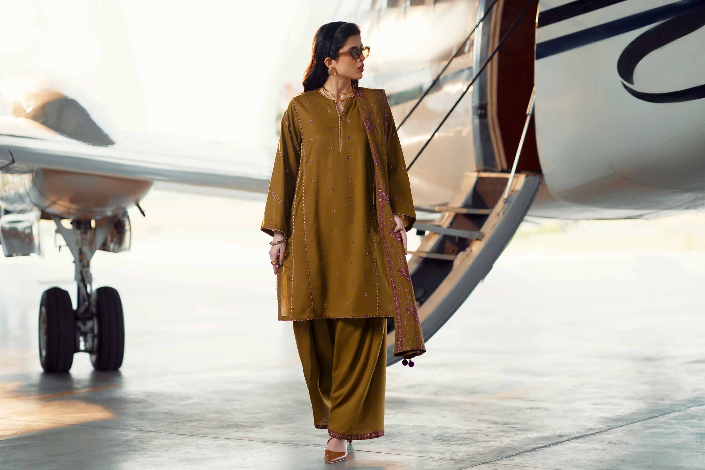 NISHATUAE - Brown Embroidered Karandi 3-piece Ready to wear Suit