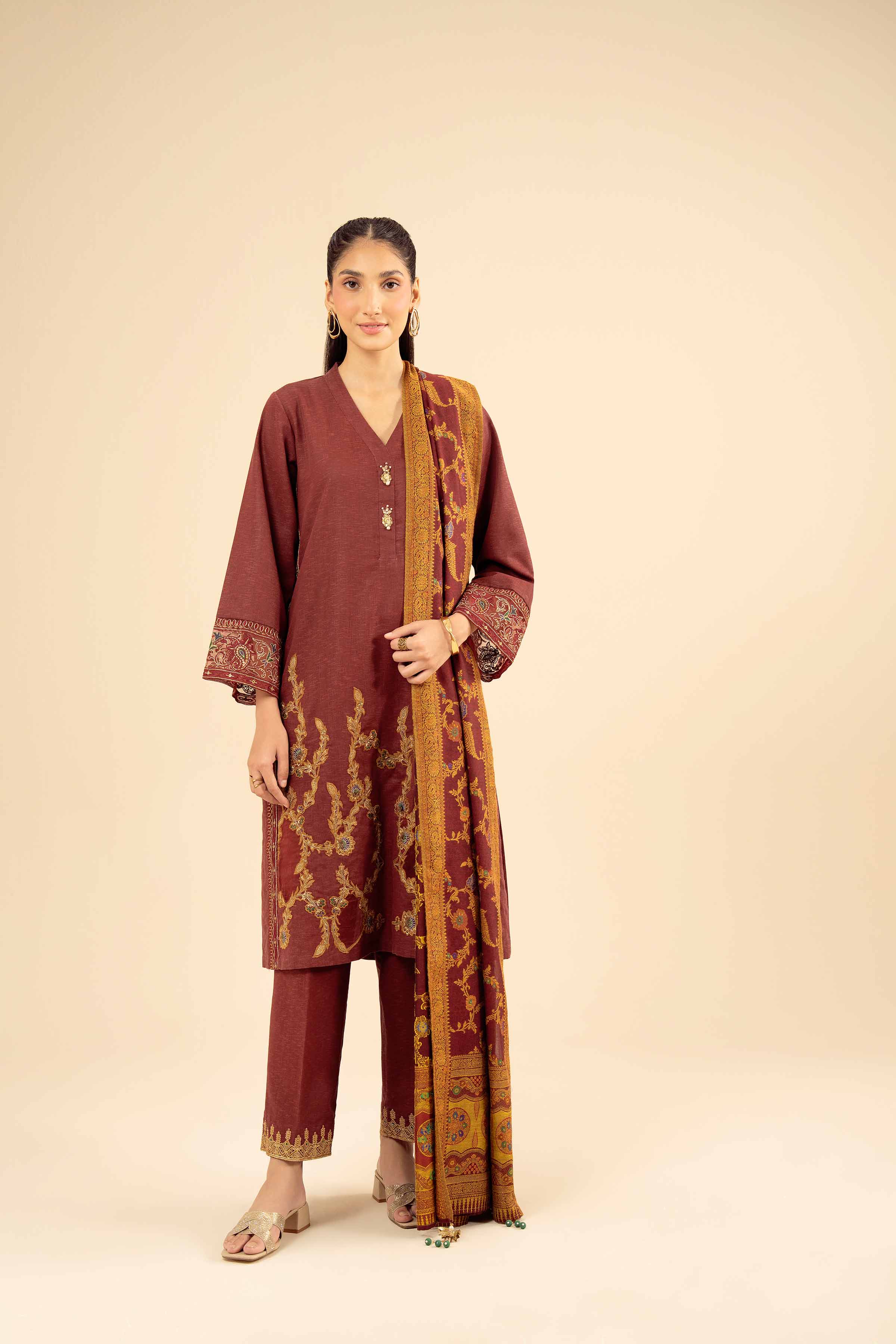NISHATUAE - Red Embroidered Karandi 3-piece Ready to wear Suit