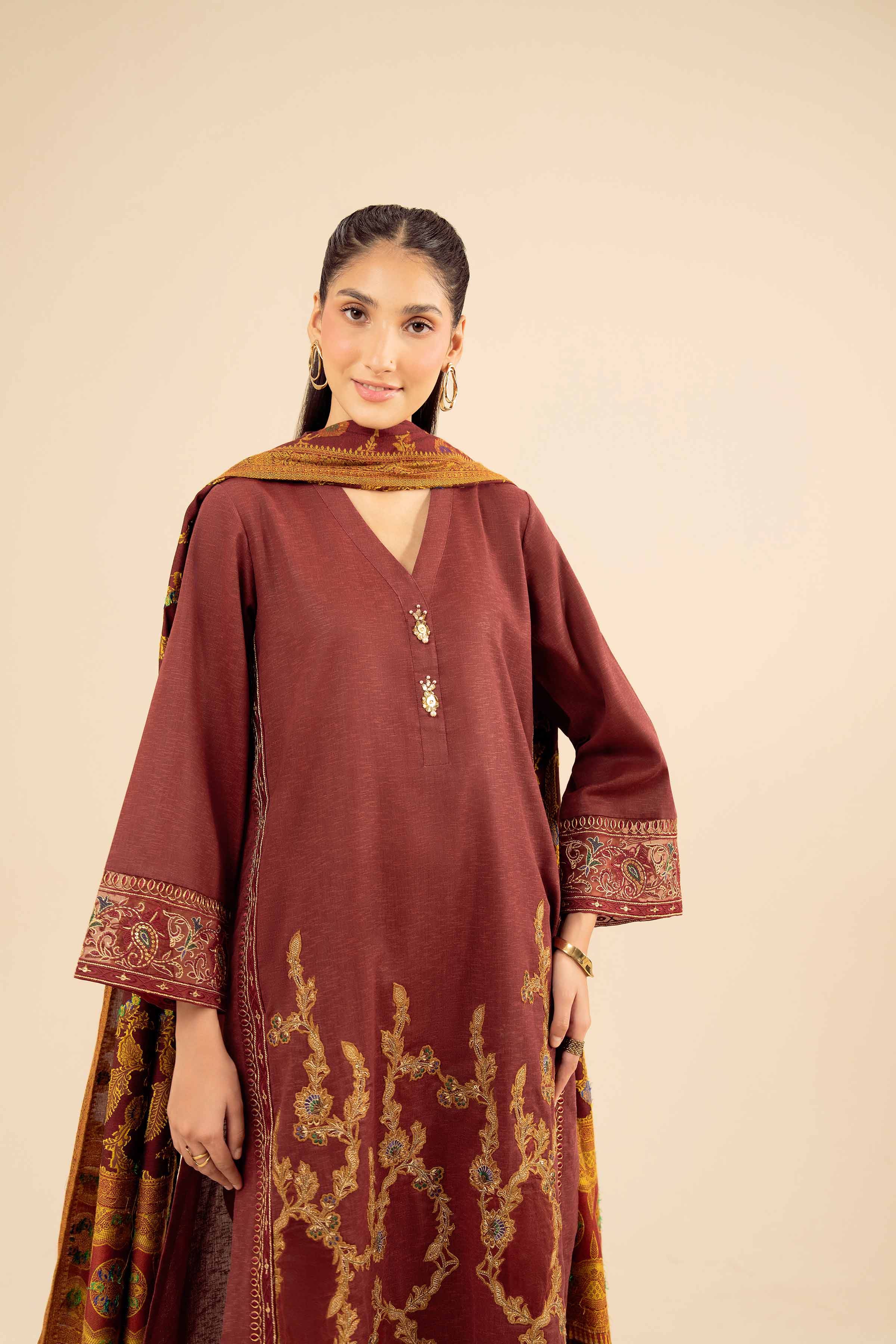 NISHATUAE - Red Embroidered Karandi 3-piece Ready to wear Suit