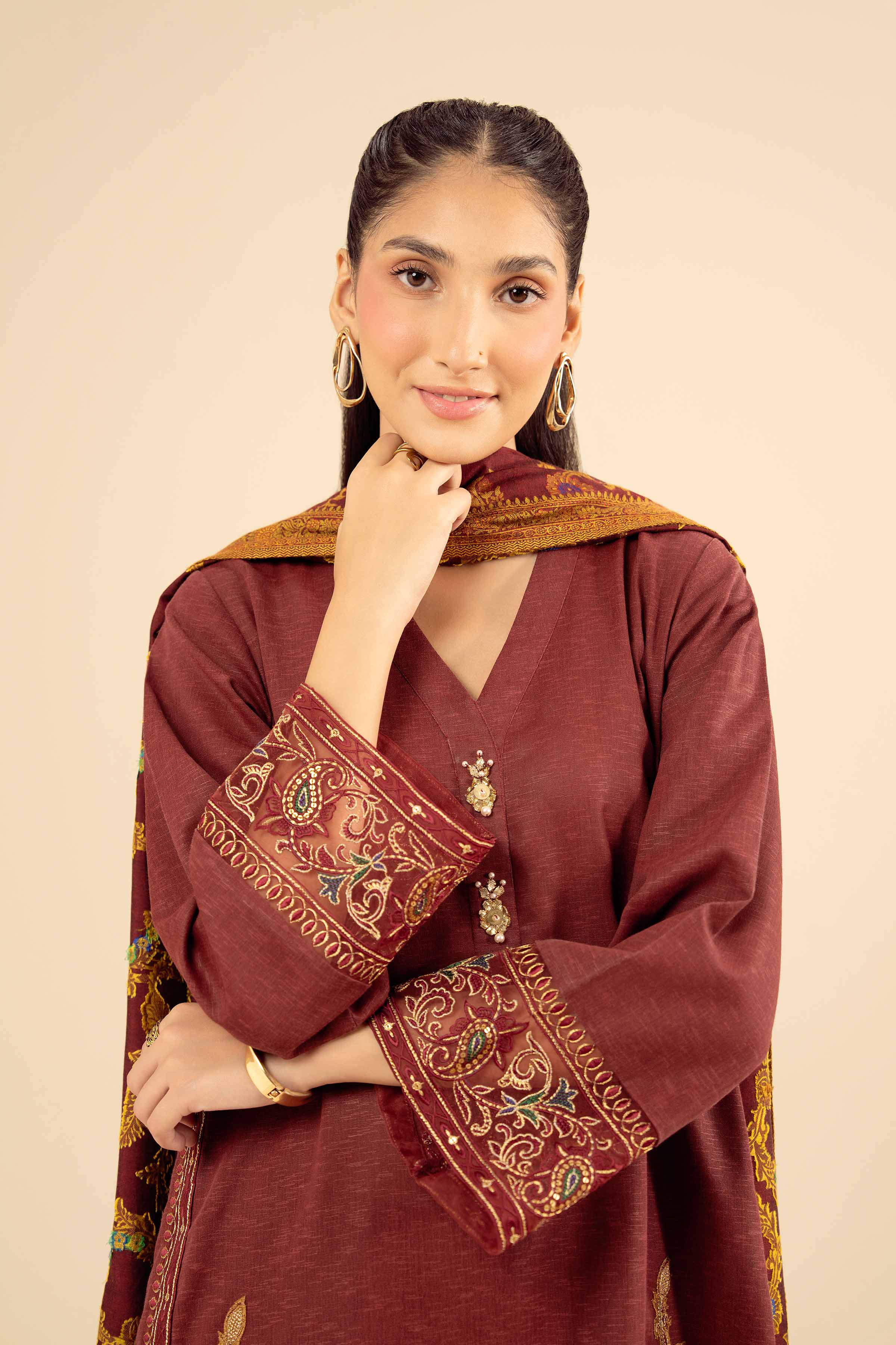 NISHATUAE - Red Embroidered Karandi 3-piece Ready to wear Suit
