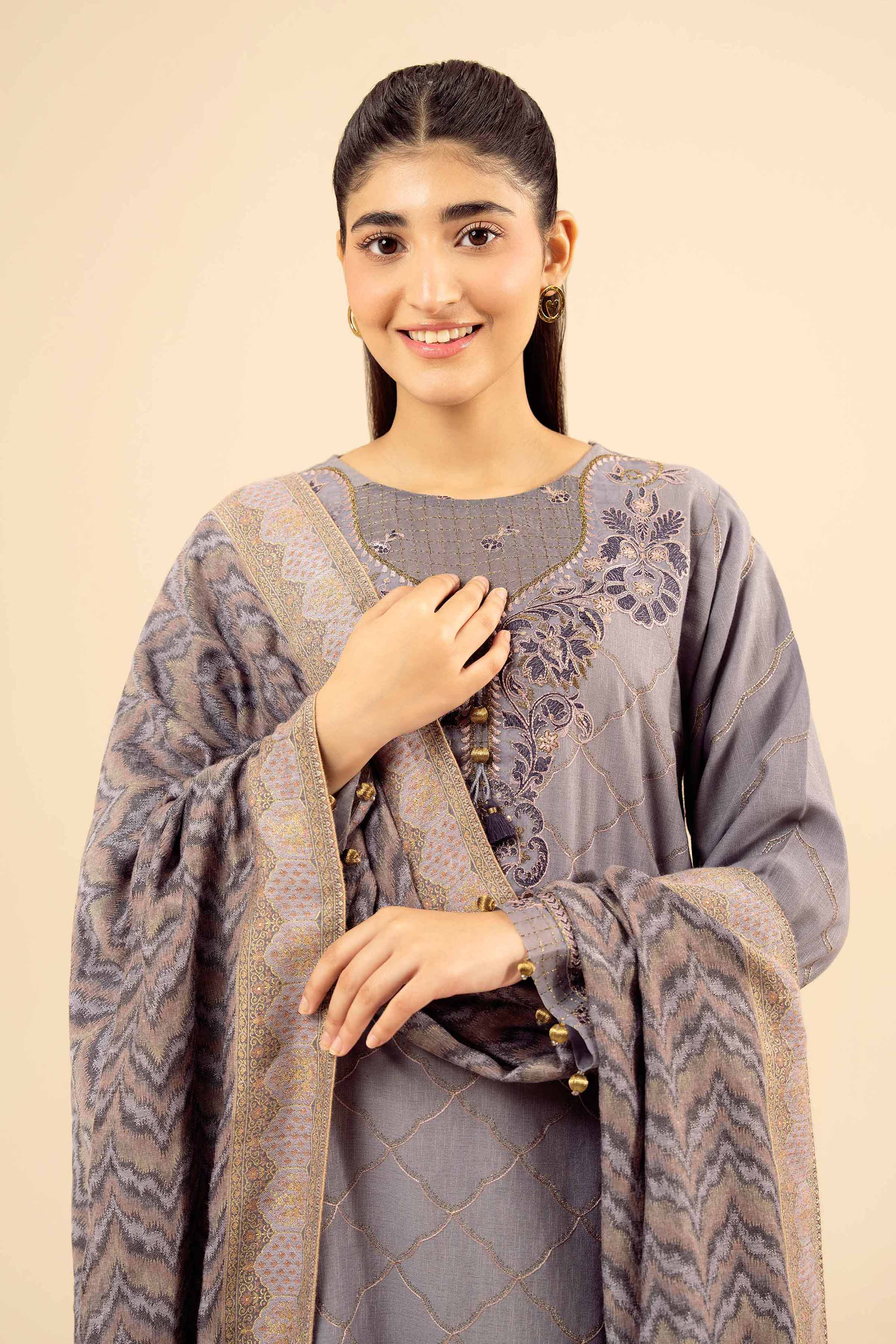 NISHATUAE - Purple Embroidered Karandi 3-piece Ready to wear Suit