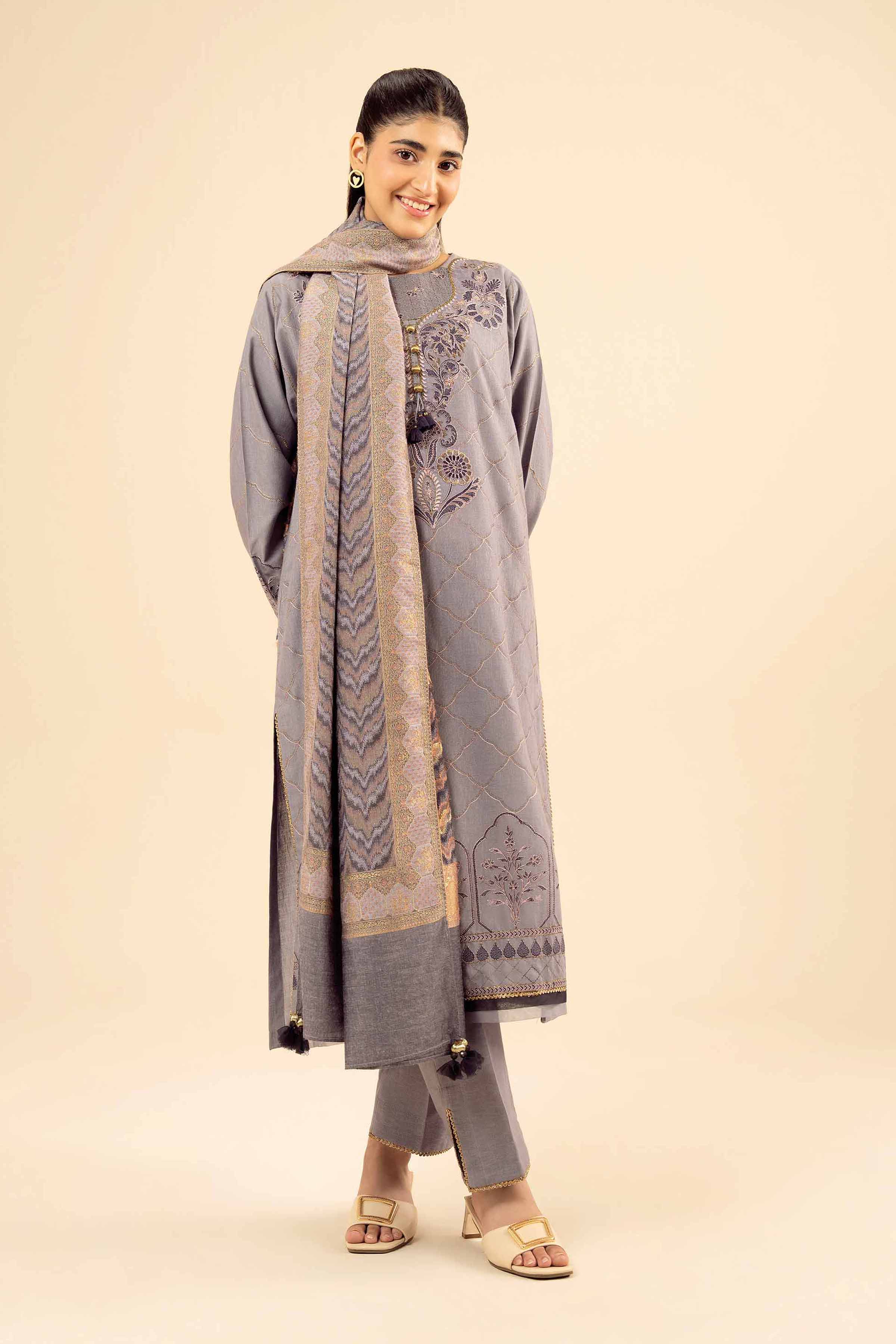 NISHATUAE - Purple Embroidered Karandi 3-piece Ready to wear Suit