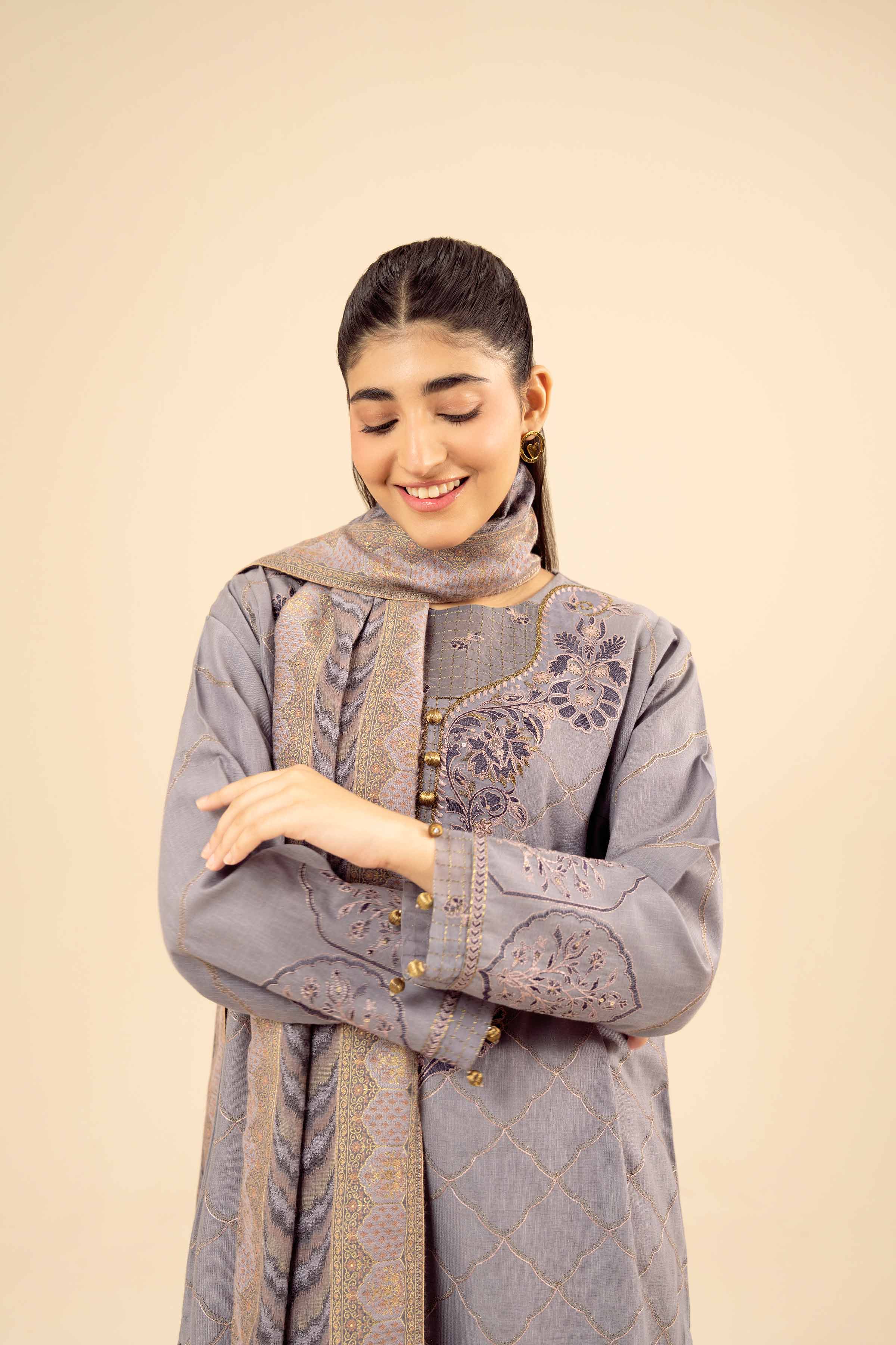NISHATUAE - Purple Embroidered Karandi 3-piece Ready to wear Suit