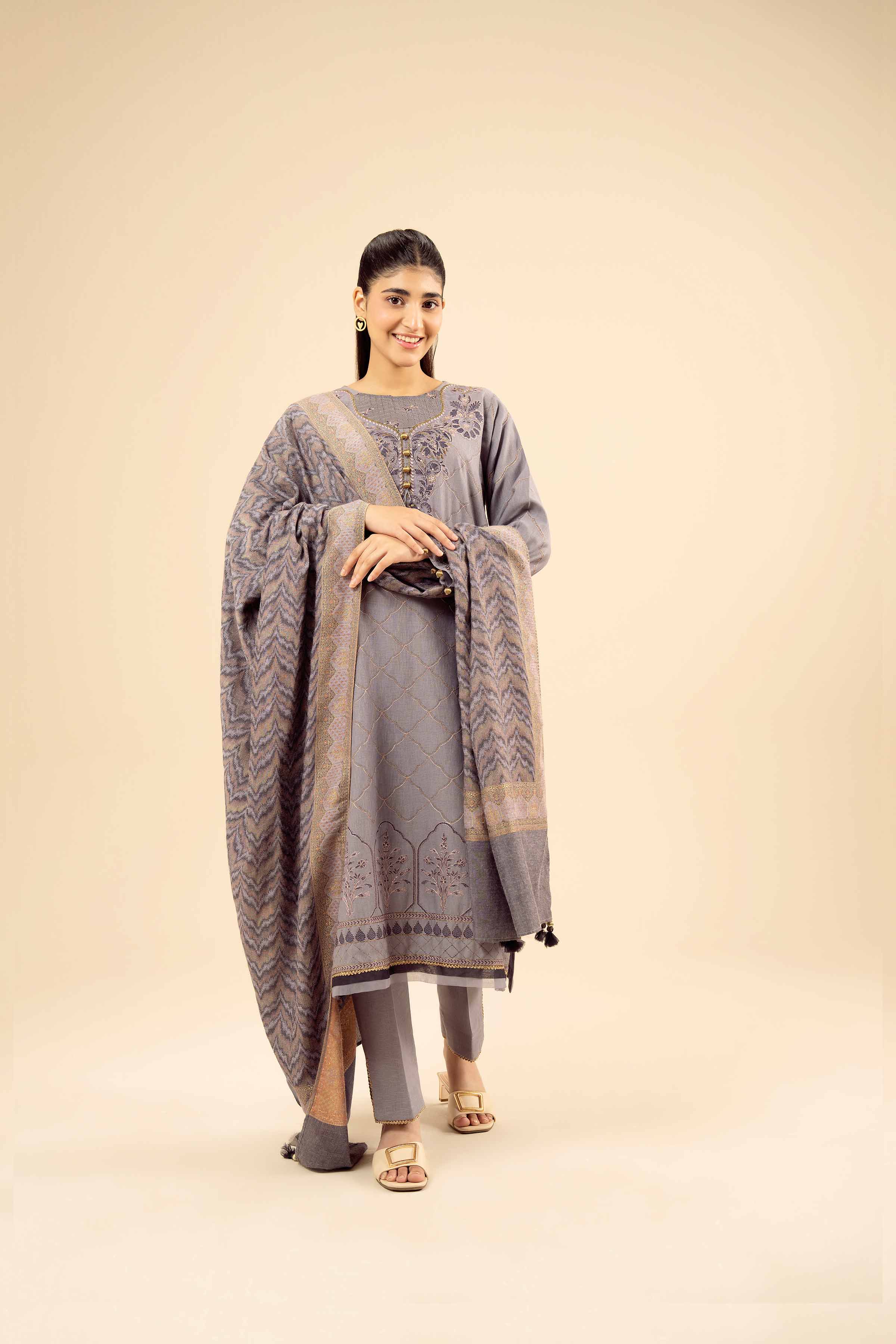 NISHATUAE - Purple Embroidered Karandi 3-piece Ready to wear Suit