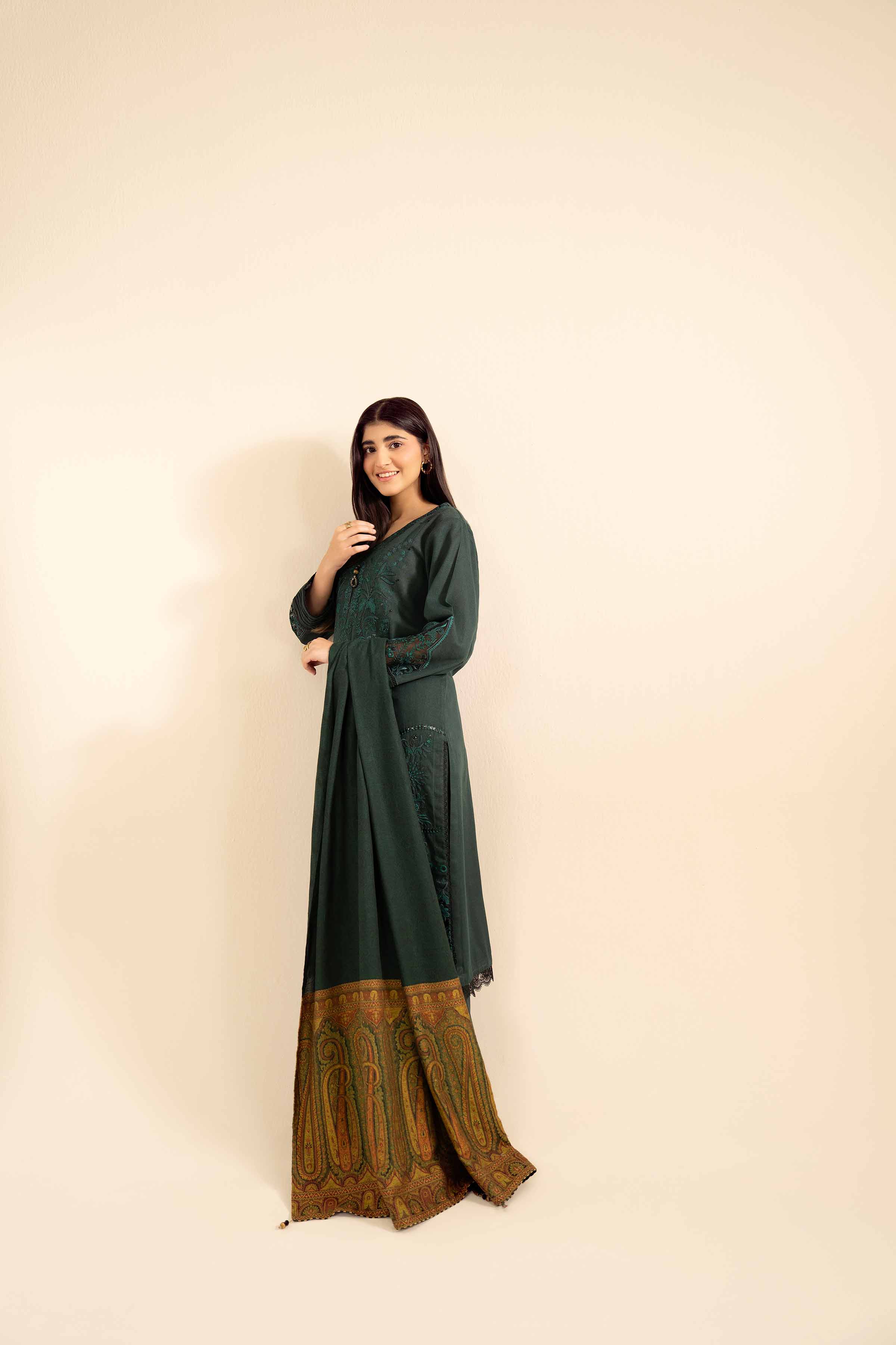 NISHATUAE - Green Embroidered Karandi 3-piece Ready to wear Suit