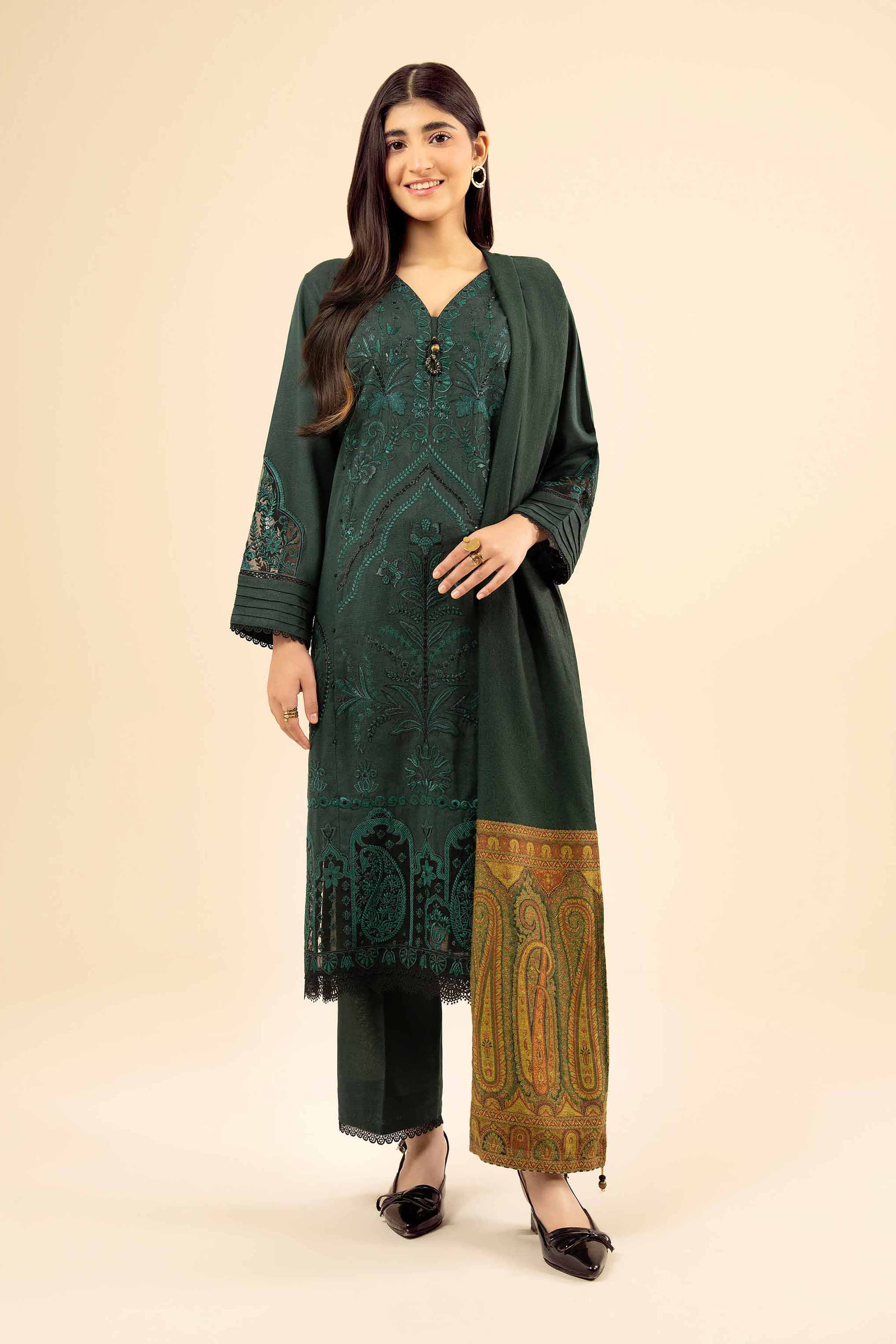 NISHATUAE - Green Embroidered Karandi 3-piece Ready to wear Suit