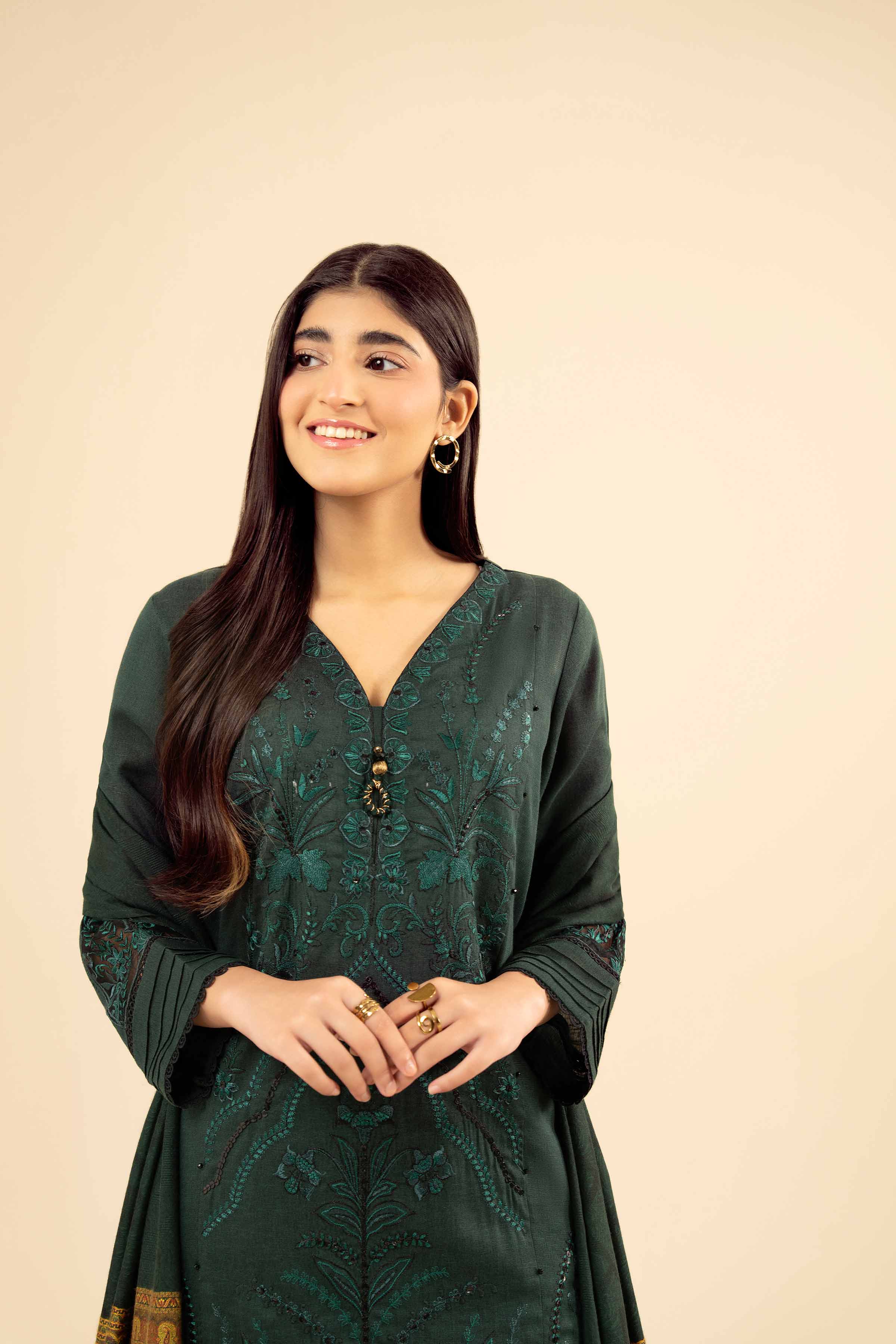 NISHATUAE - Green Embroidered Karandi 3-piece Ready to wear Suit