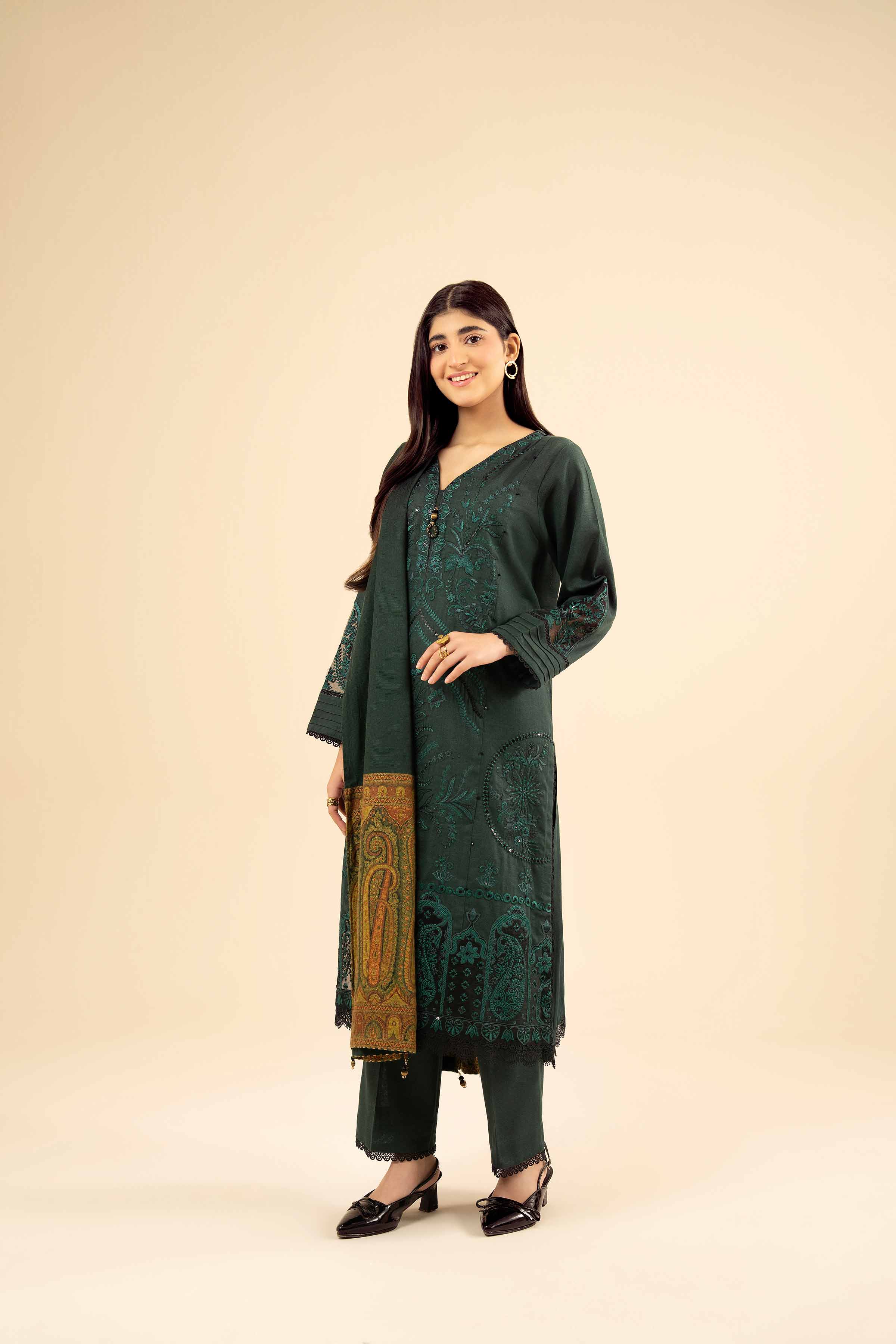 NISHATUAE - Green Embroidered Karandi 3-piece Ready to wear Suit