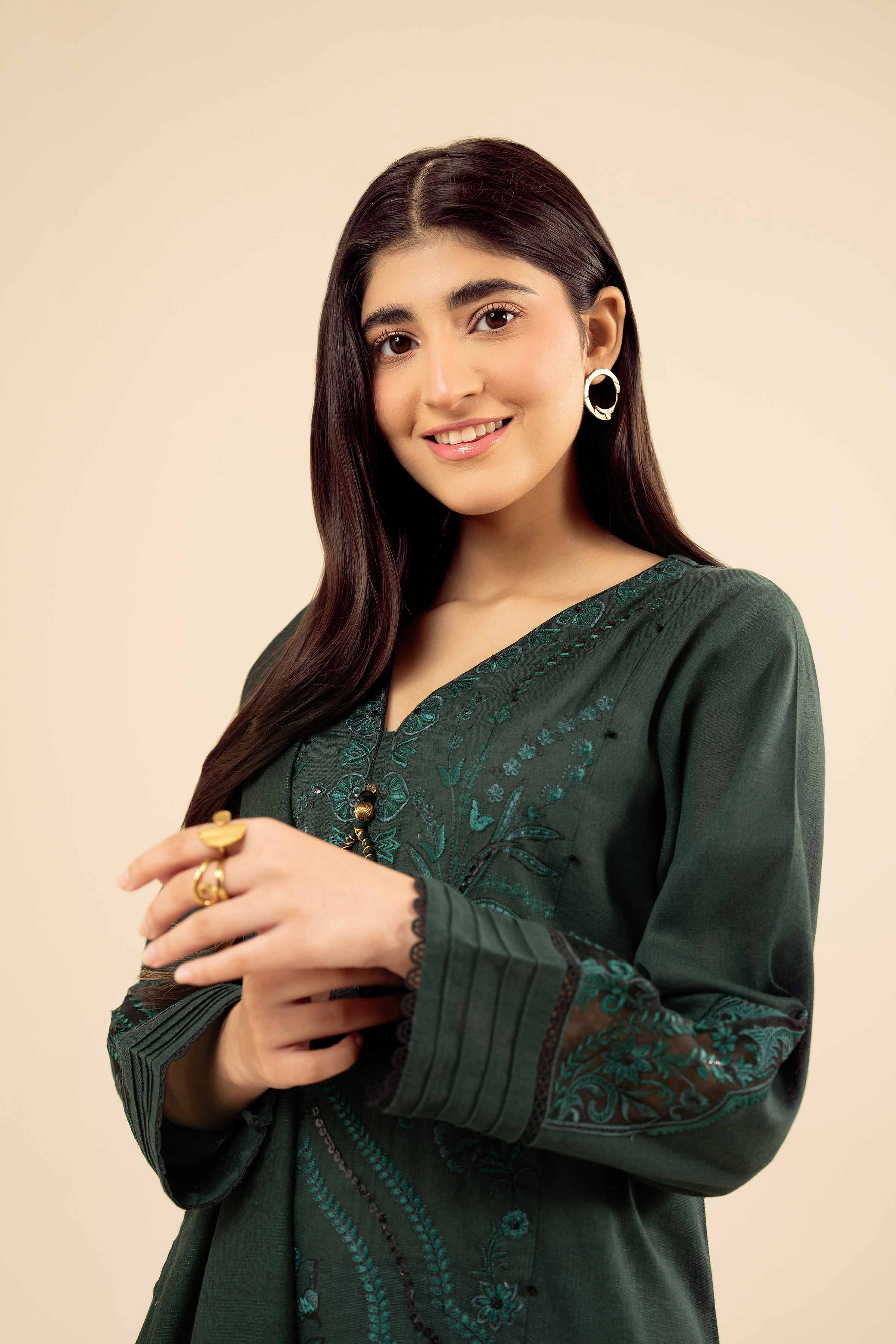 NISHATUAE - Green Embroidered Karandi 3-piece Ready to wear Suit