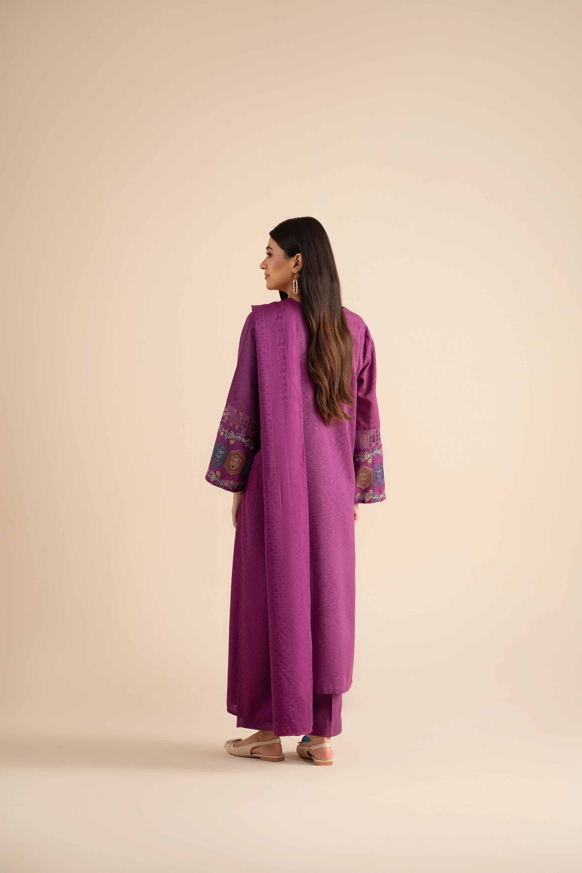 NISHATUAE - Purple Embroidered Karandi 3-piece Ready to wear Suit