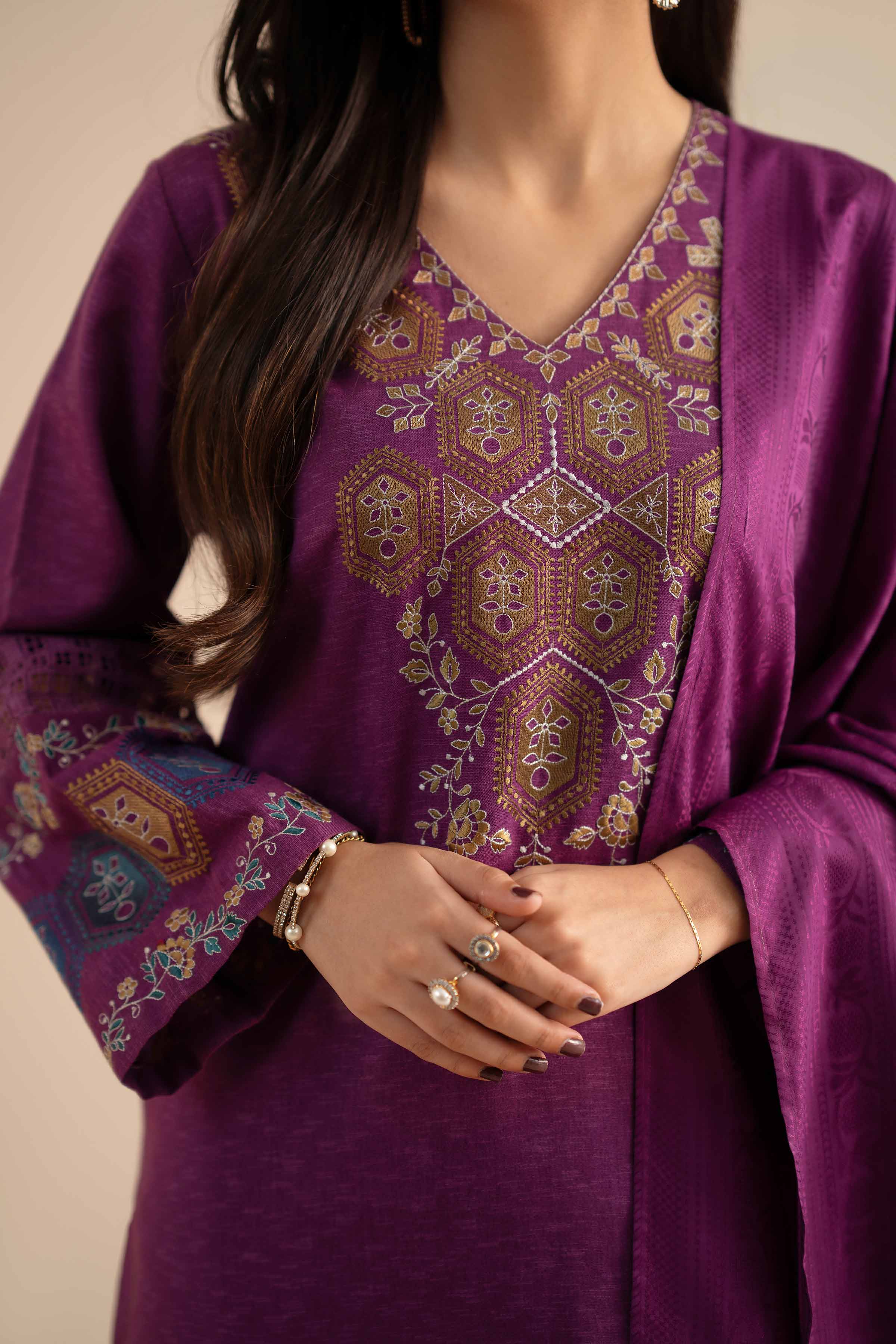 NISHATUAE - Purple Embroidered Karandi 3-piece Ready to wear Suit