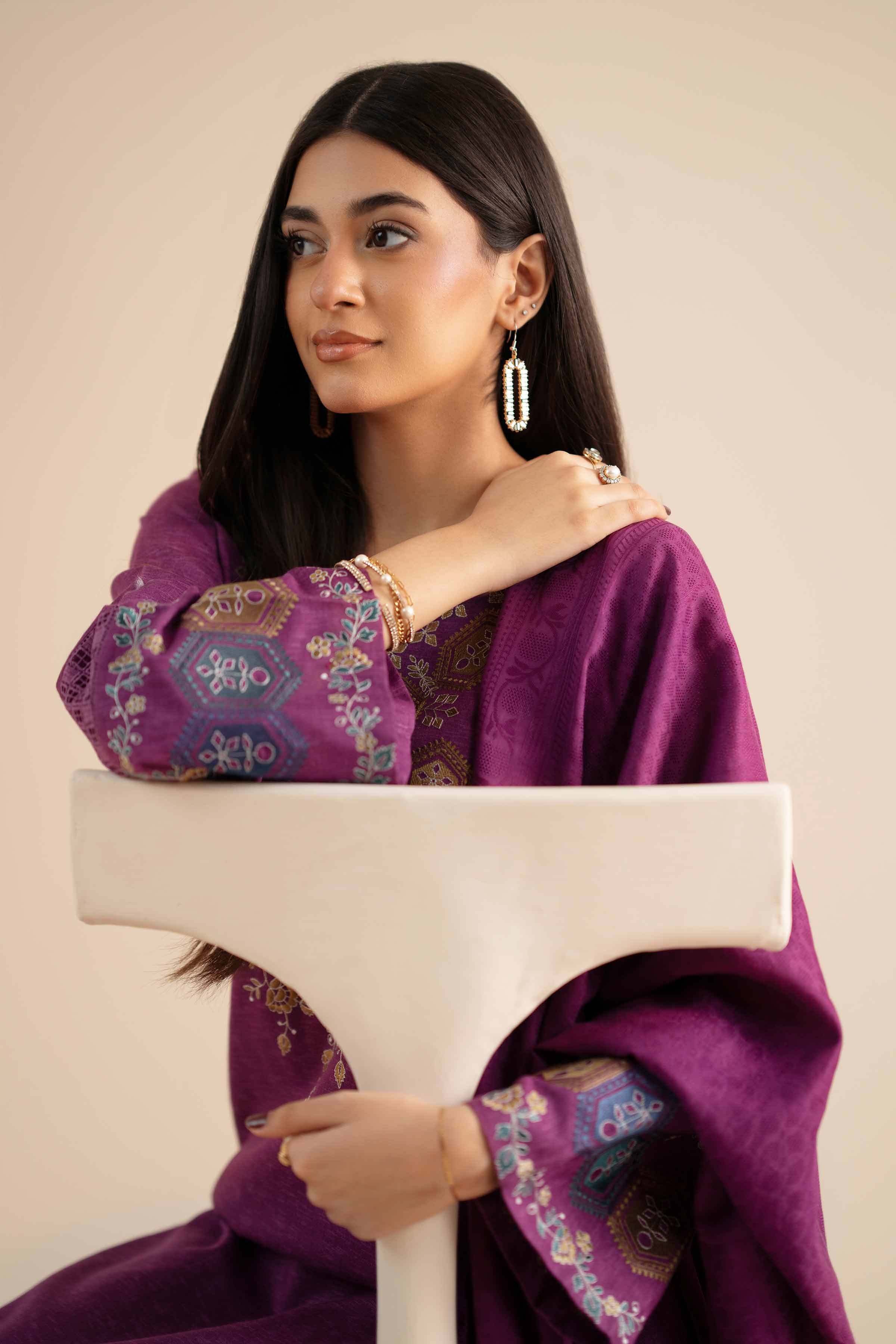 NISHATUAE - Purple Embroidered Karandi 3-piece Ready to wear Suit