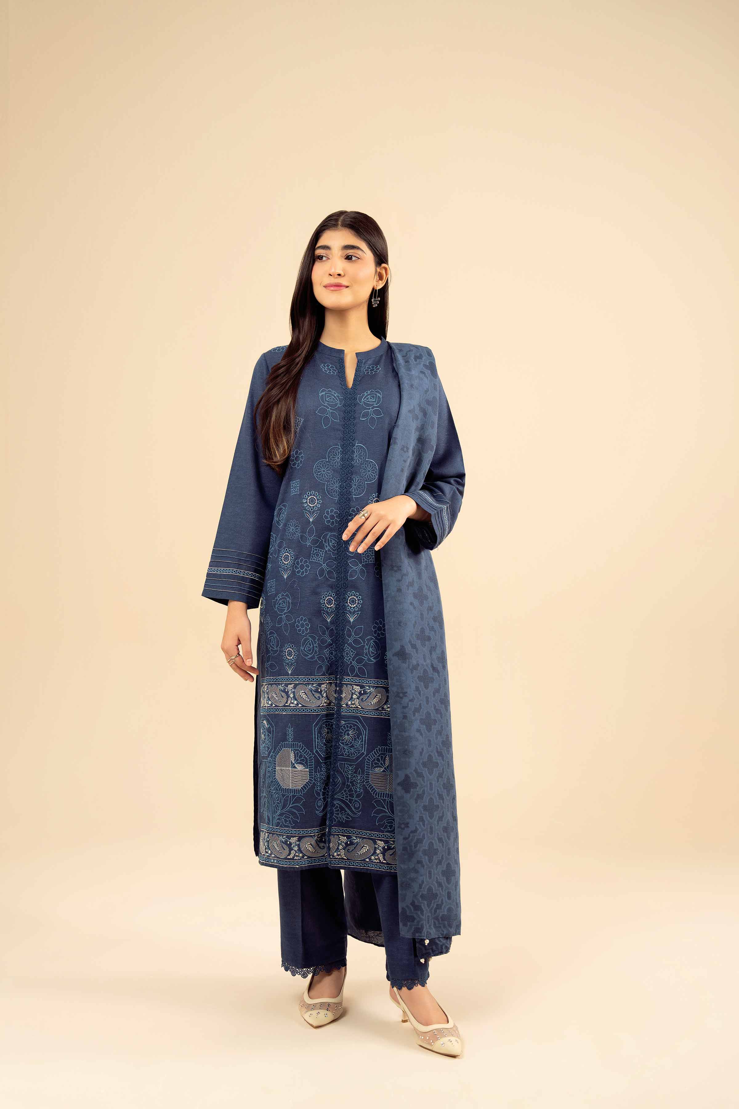 NISHATUAE - Blue Embroidered Karandi 3-piece Ready to wear Suit