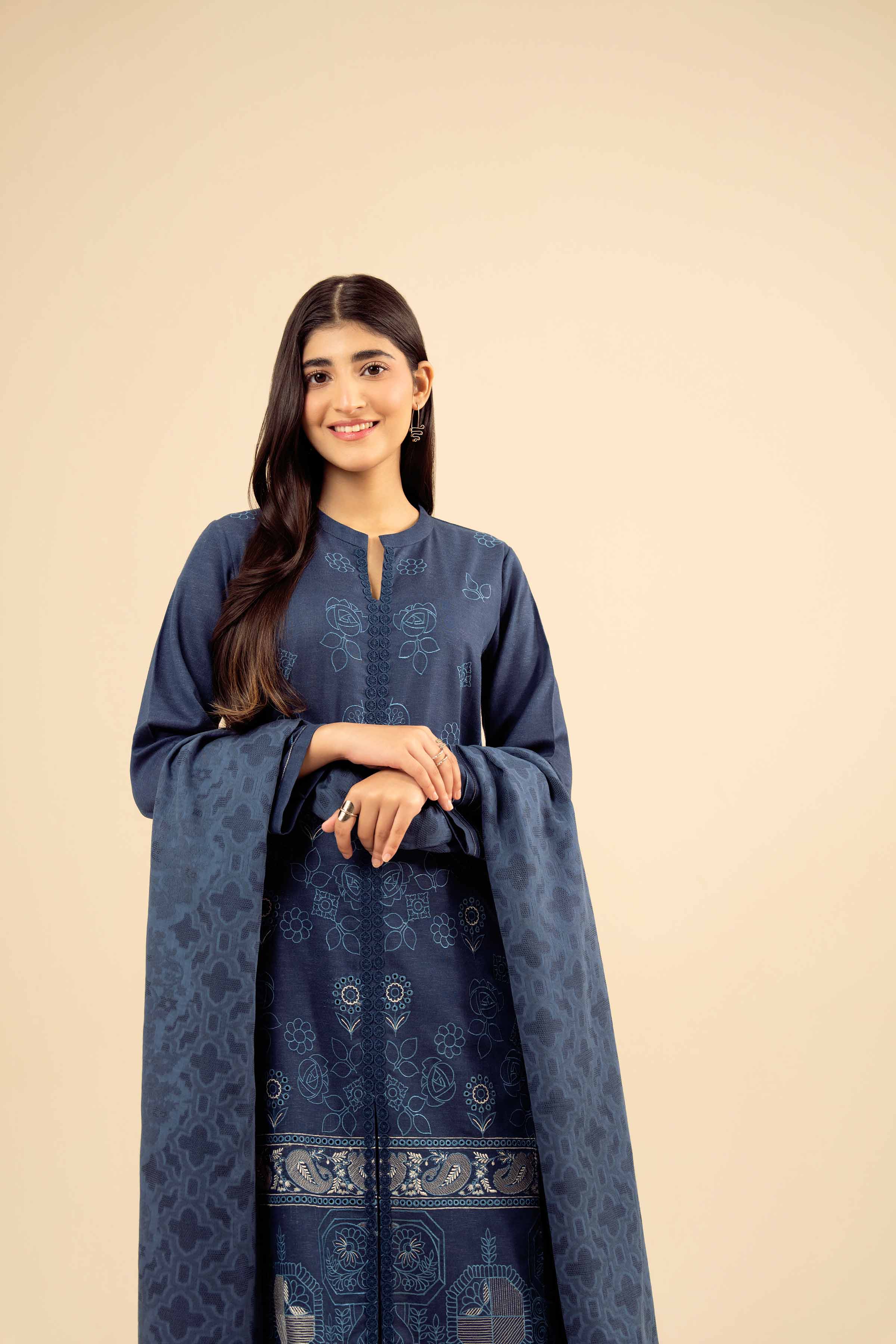 NISHATUAE - Blue Embroidered Karandi 3-piece Ready to wear Suit