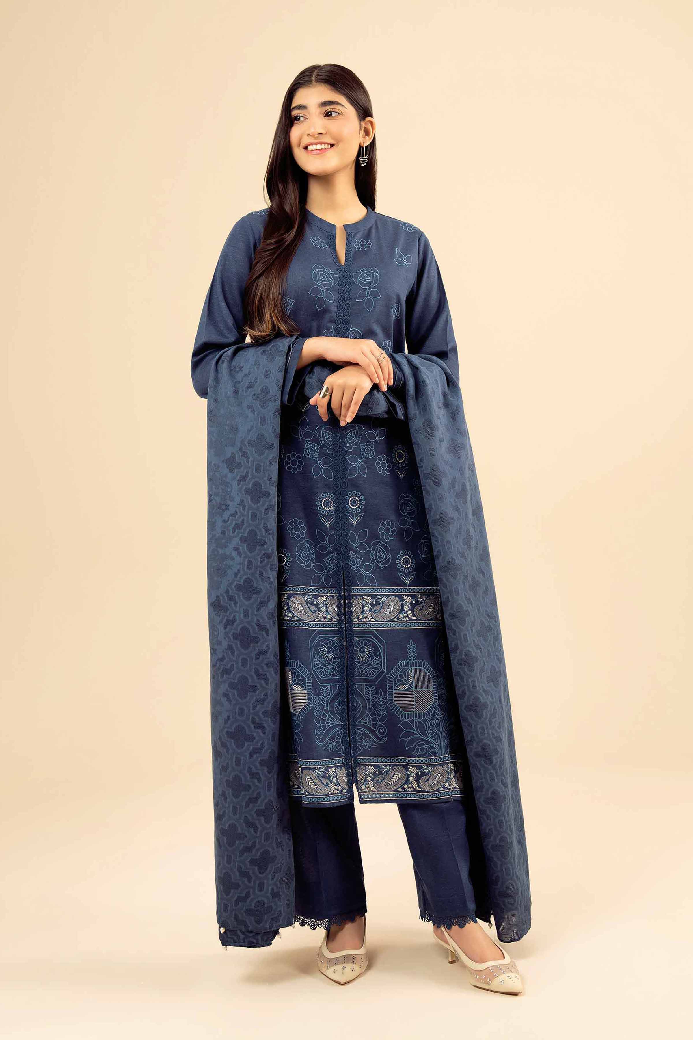 NISHATUAE - Blue Embroidered Karandi 3-piece Ready to wear Suit