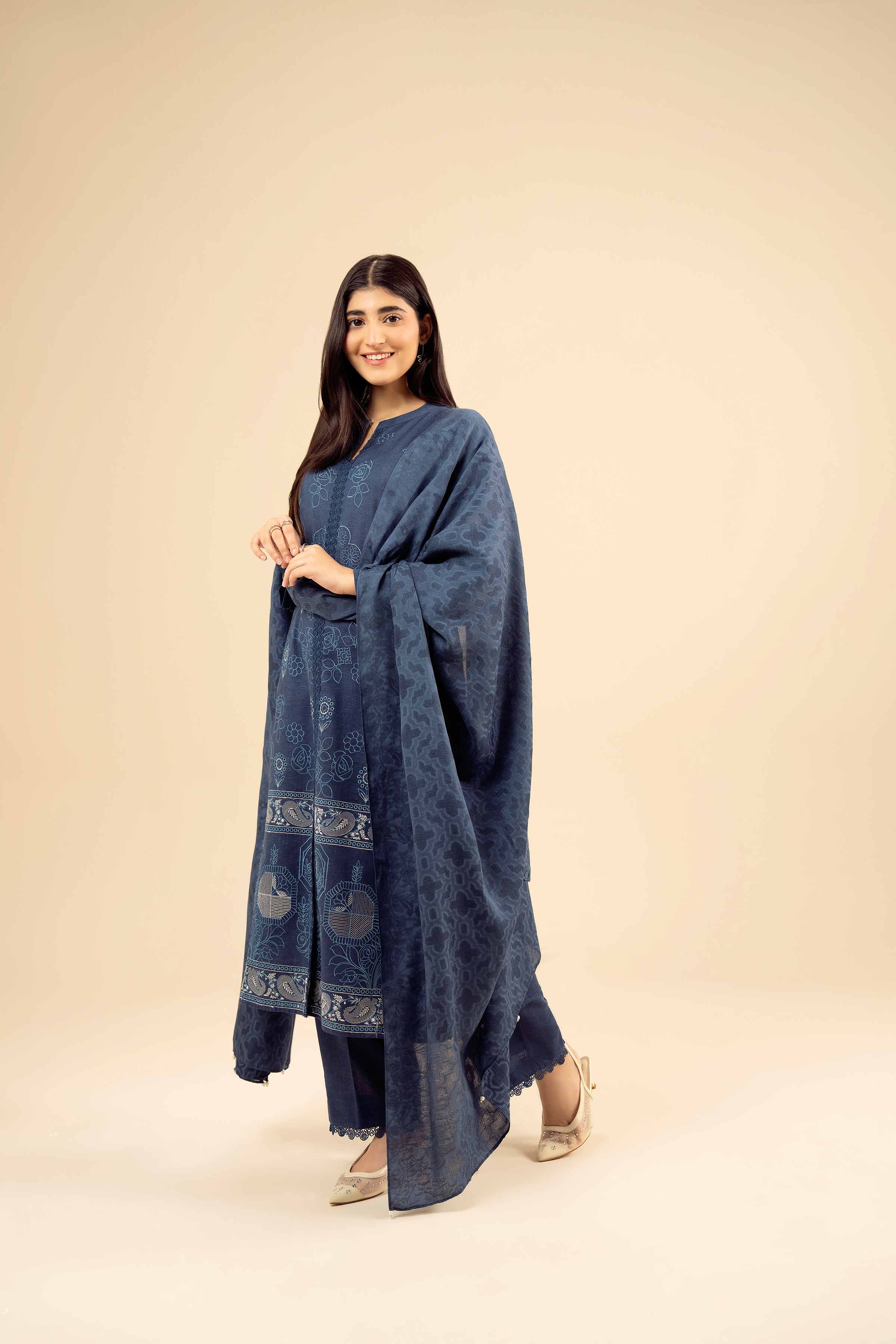 NISHATUAE - Blue Embroidered Karandi 3-piece Ready to wear Suit