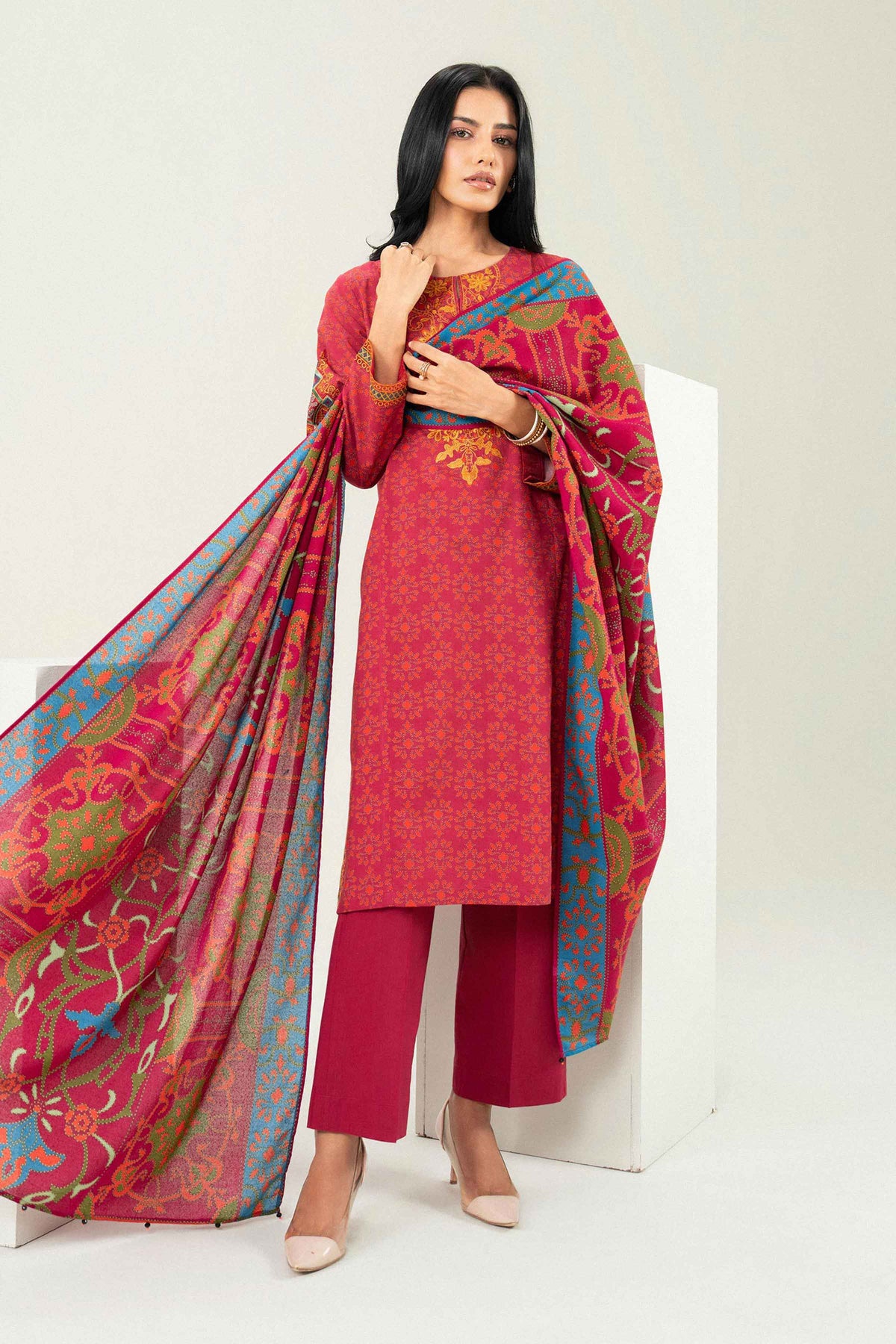 3 Piece - Printed Embroidered Suit - PW25-463