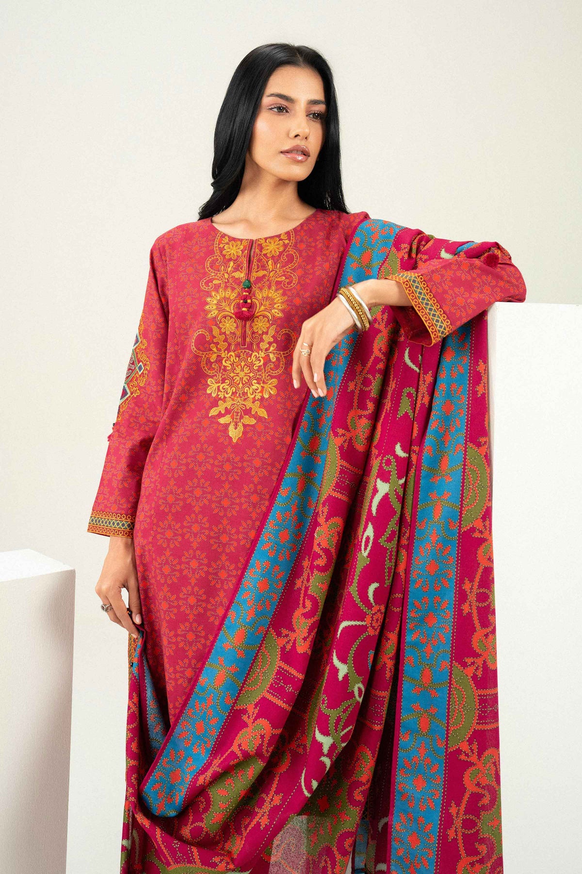 3 Piece - Printed Embroidered Suit - PW25-463