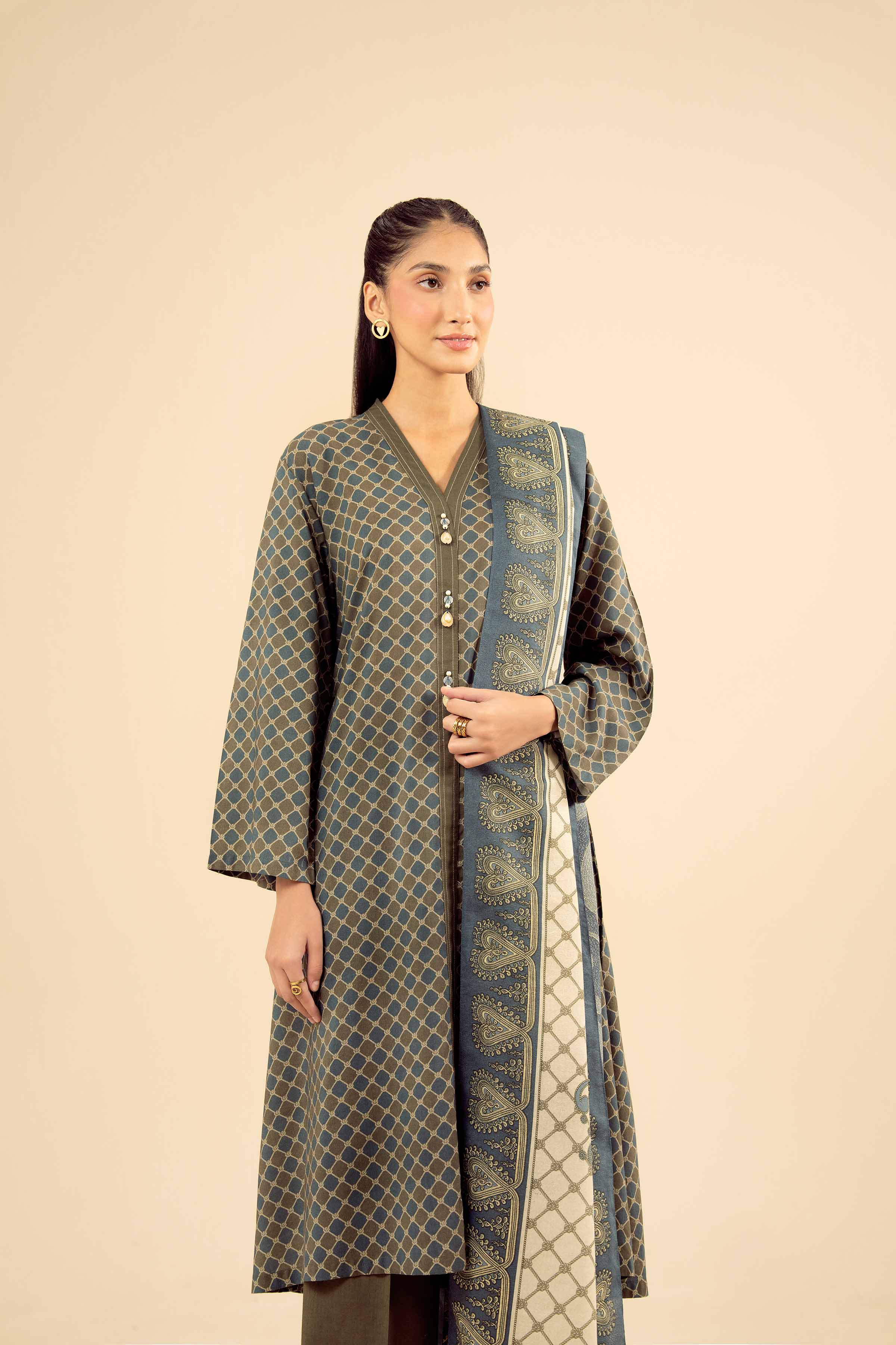 NISHATUAE - Green Solids Tropical 3-piece Ready to wear Suit