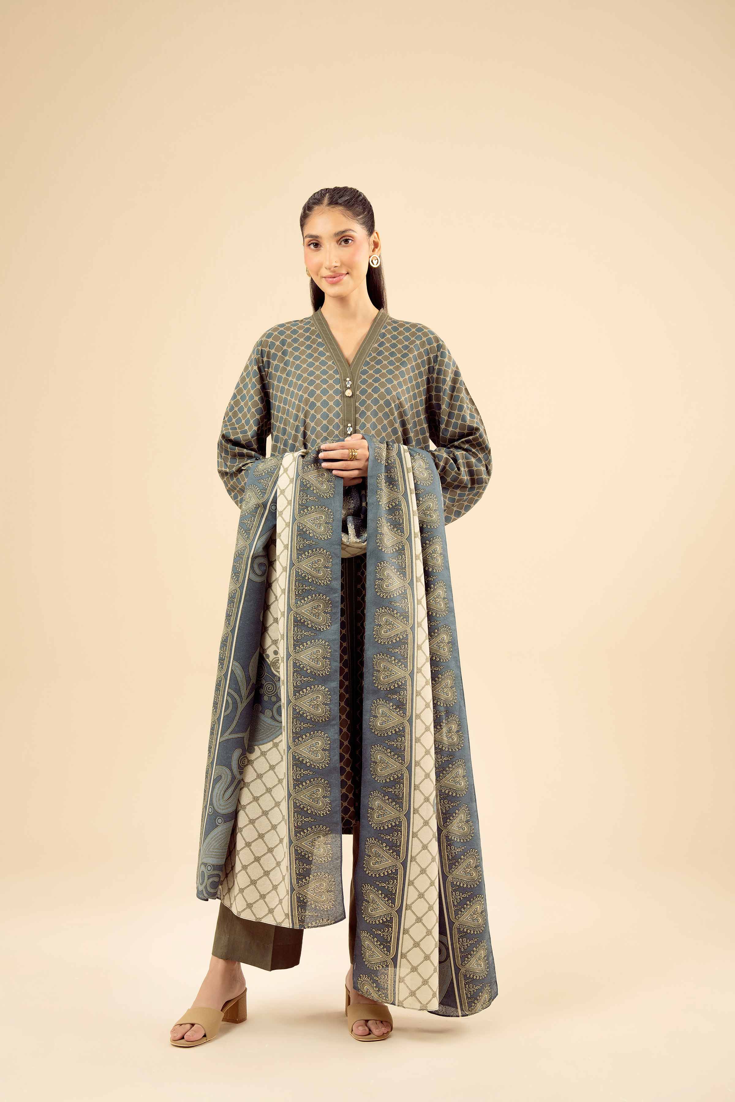 NISHATUAE - Green Solids Tropical 3-piece Ready to wear Suit