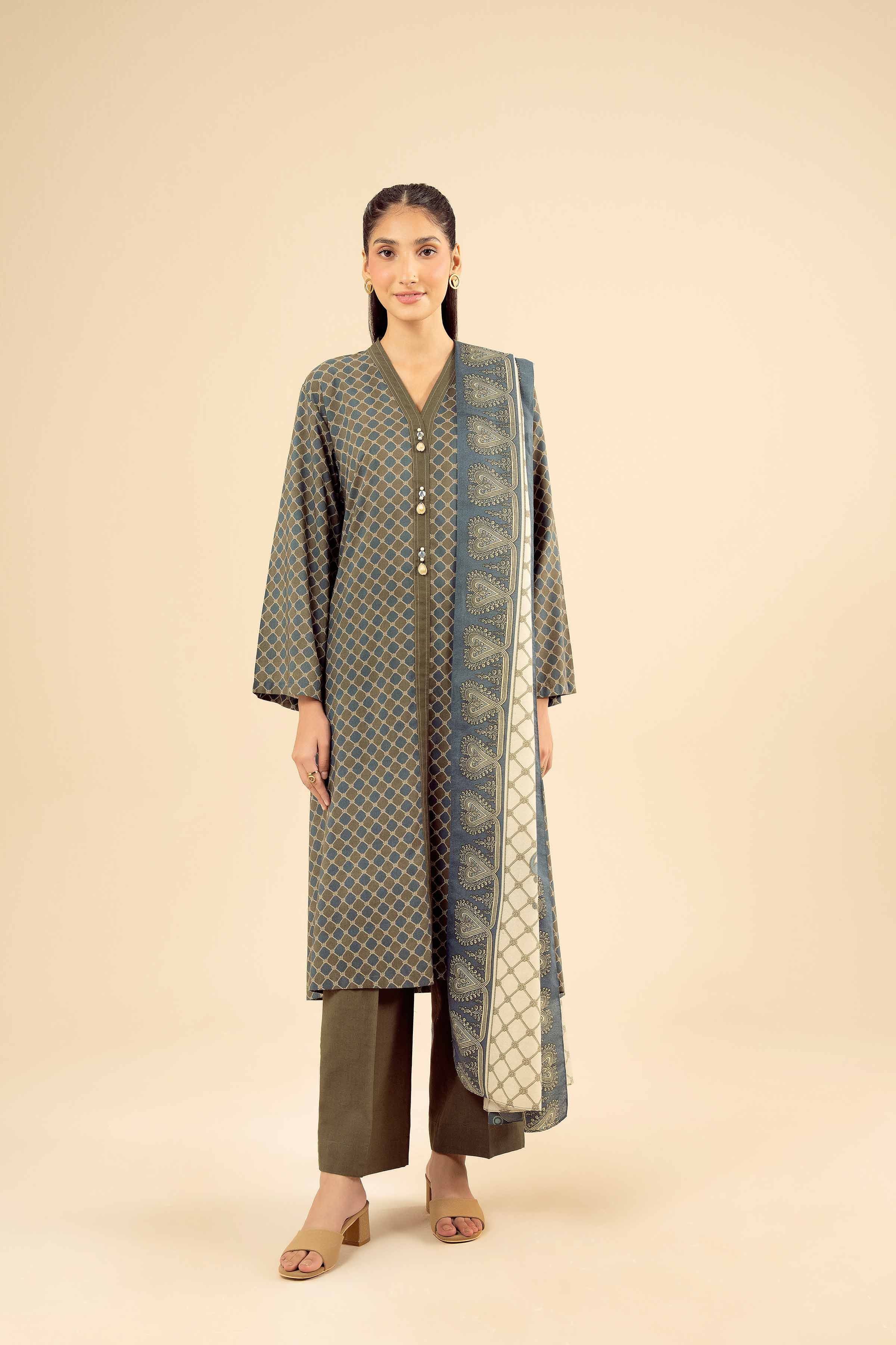 NISHATUAE - Green Solids Tropical 3-piece Ready to wear Suit