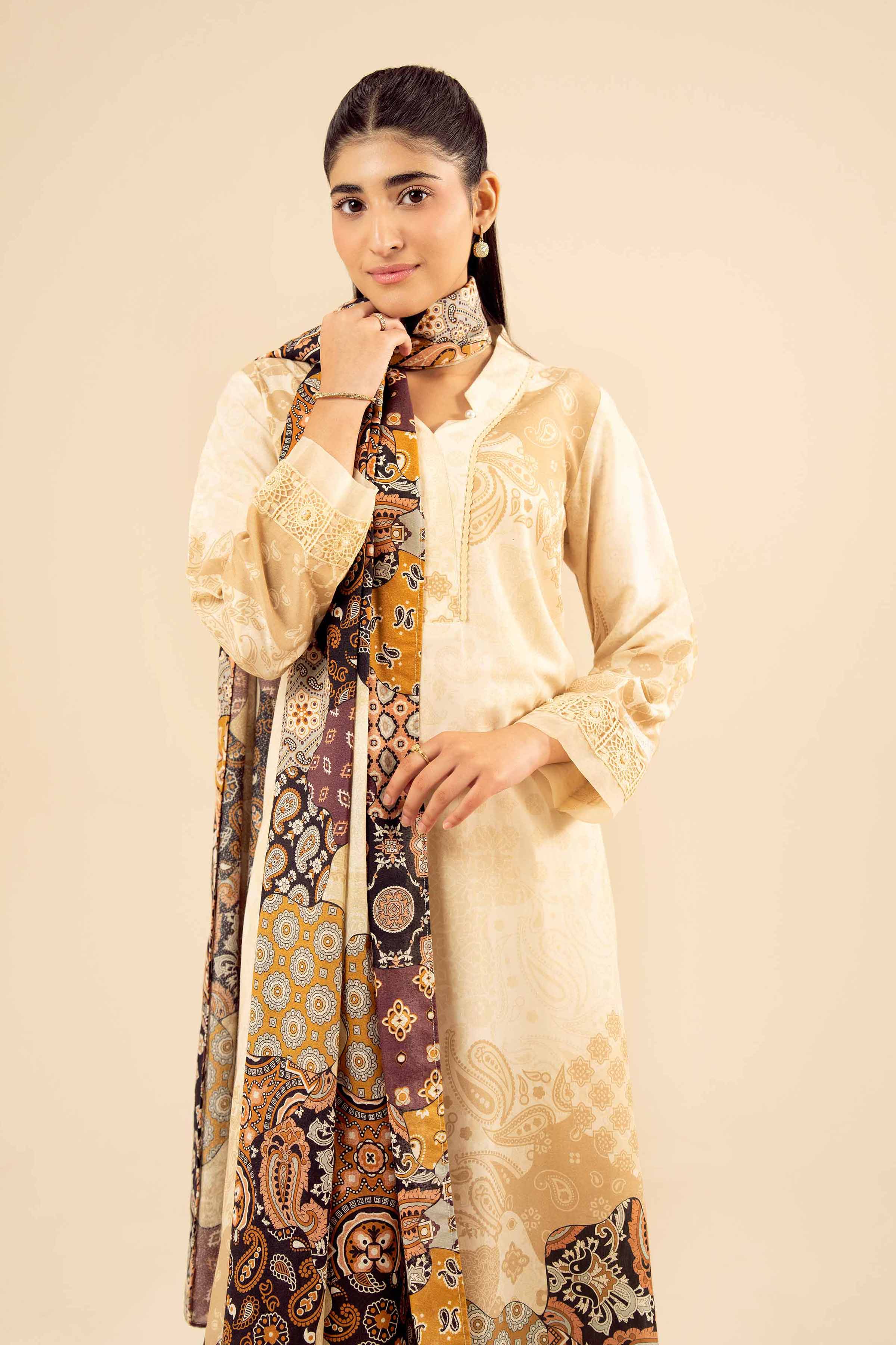 NISHATUAE - Yellow Printed Tropical 3-piece Ready to wear Suit