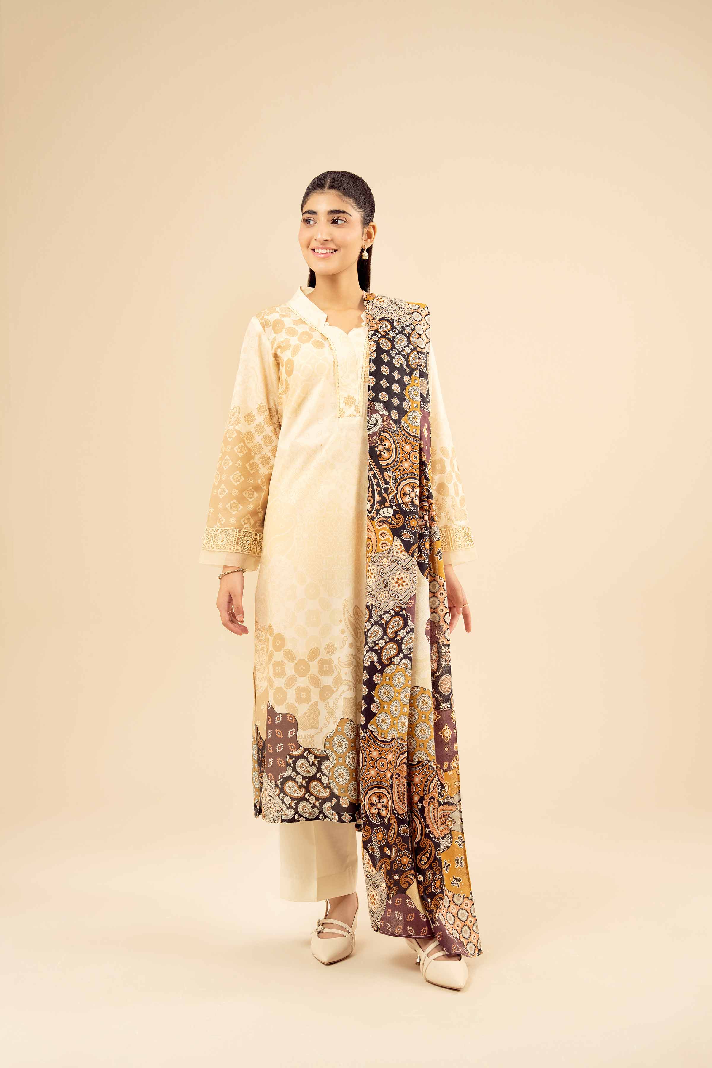 NISHATUAE - Yellow Printed Tropical 3-piece Ready to wear Suit