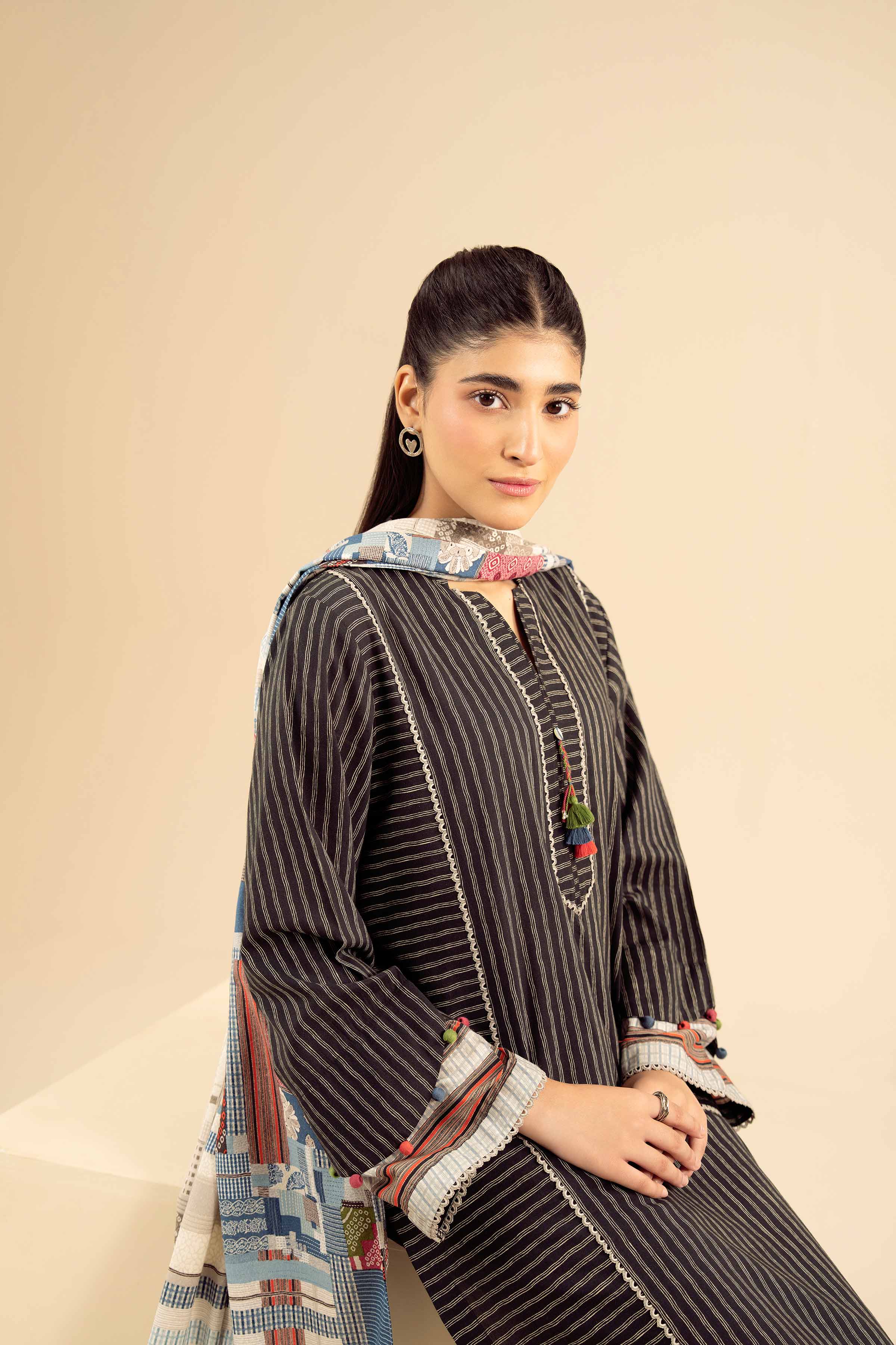 NISHATUAE - Black Printed Tropical 3-piece Ready to wear Suit