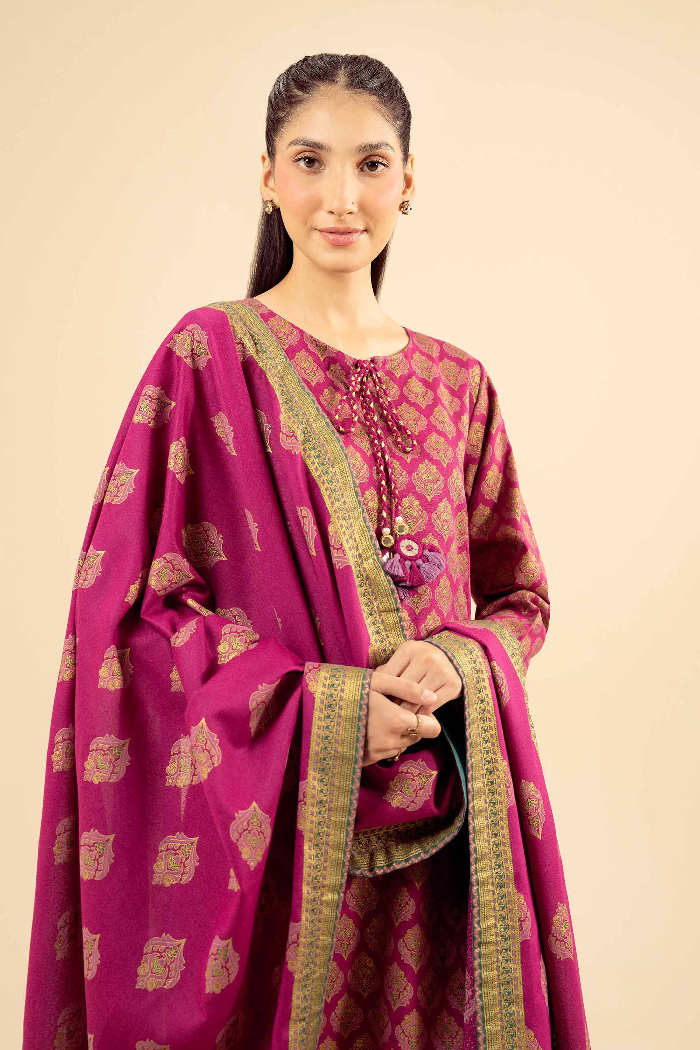 NISHATUAE - Pink Printed Karandi 3-piece Ready to wear Suit