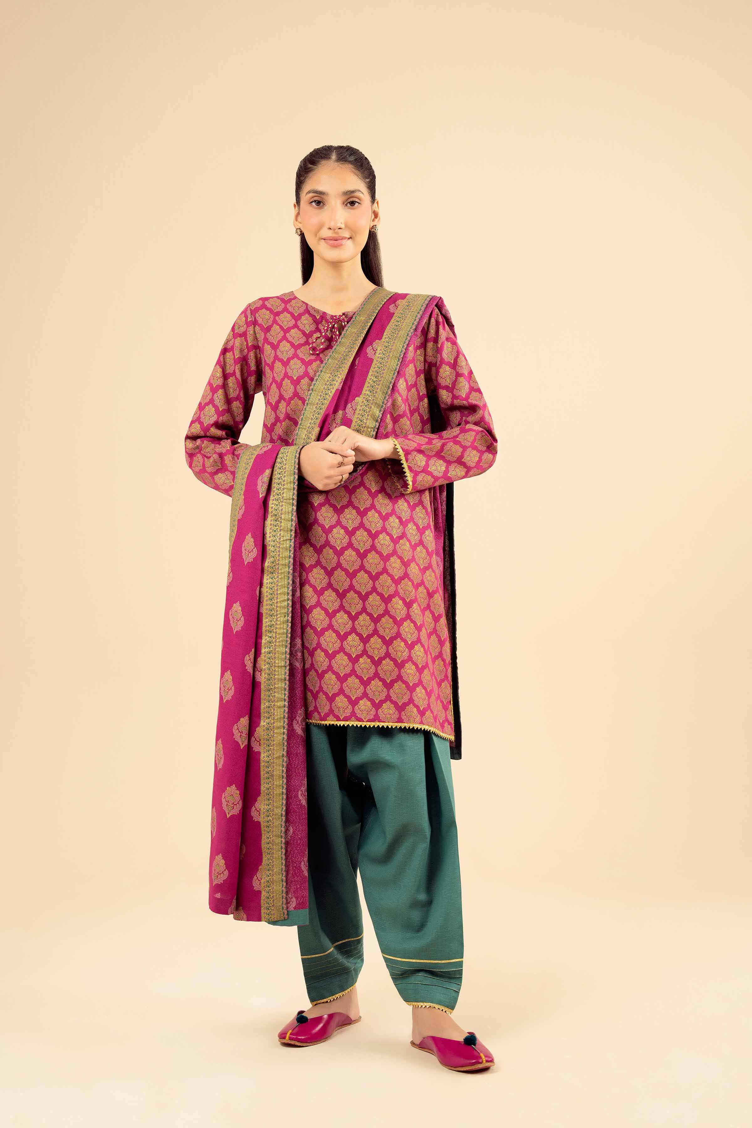 NISHATUAE - Pink Printed Karandi 3-piece Ready to wear Suit