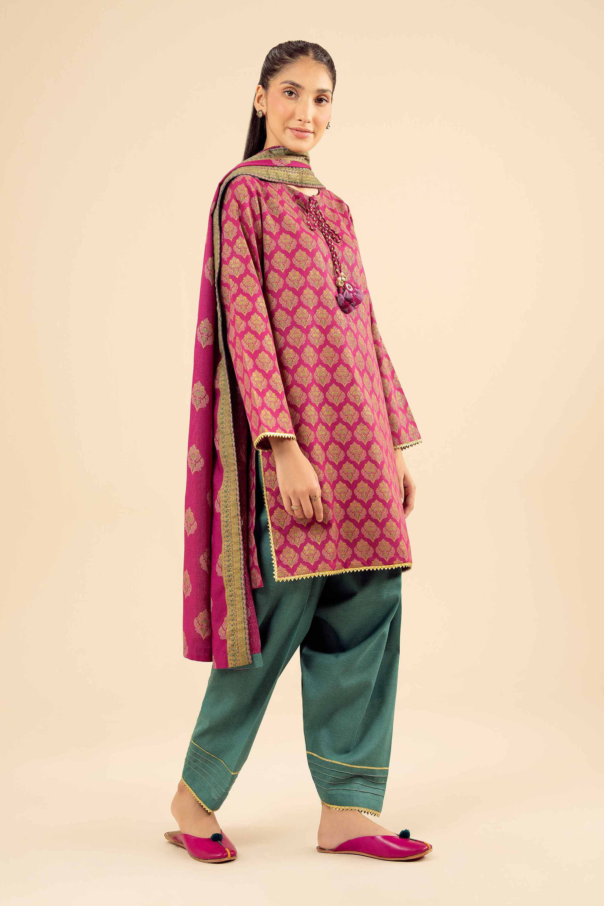 NISHATUAE - Pink Printed Karandi 3-piece Ready to wear Suit