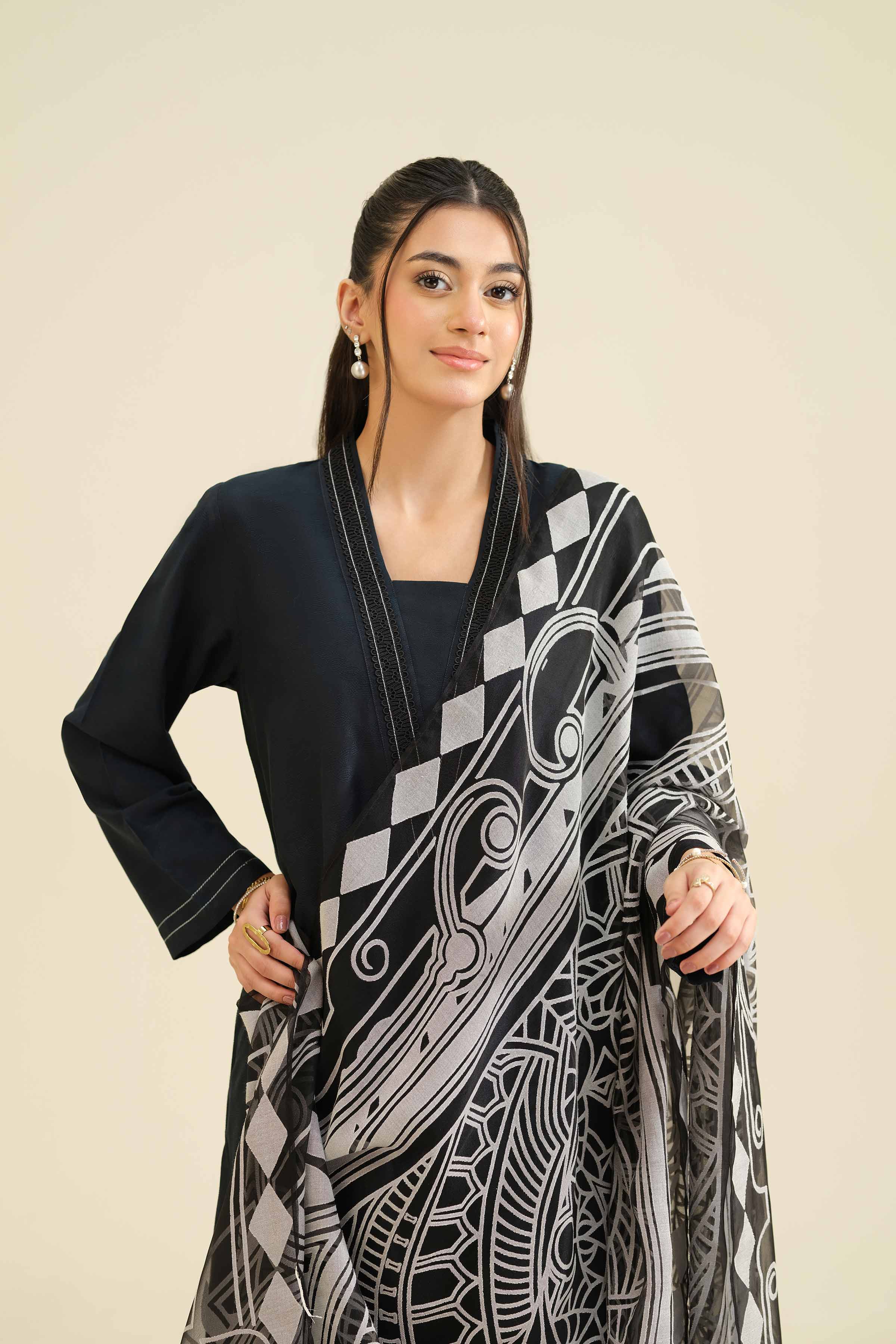 NISHATUAE - Black Solids Jacquard 3-piece Ready to wear Suit