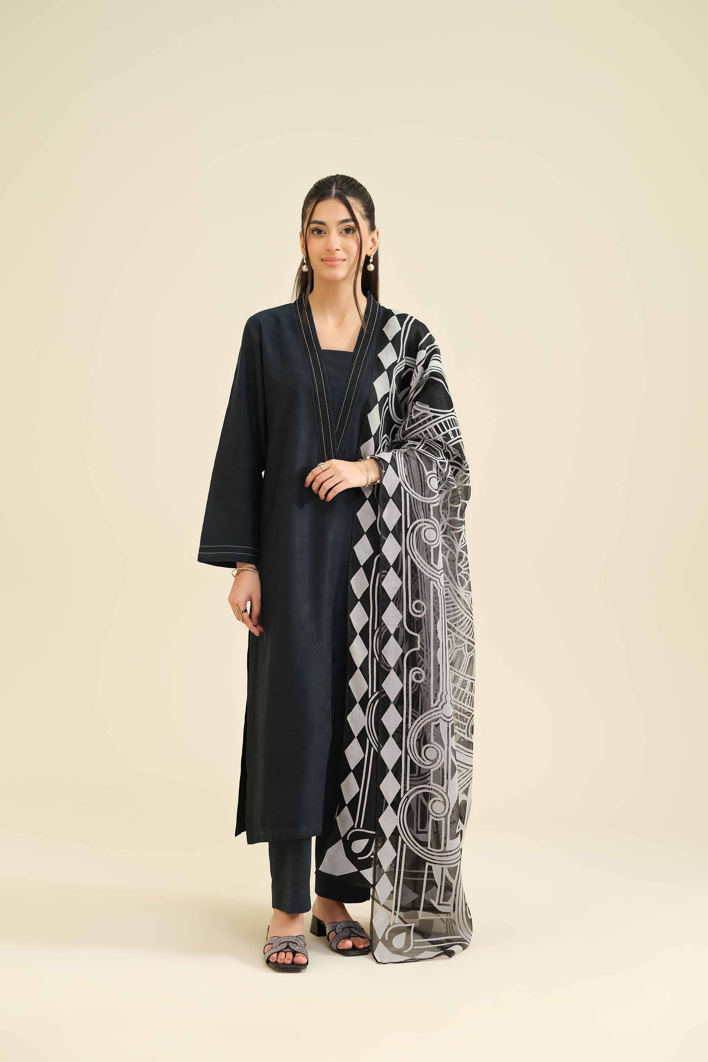 NISHATUAE - Black Solids Jacquard 3-piece Ready to wear Suit