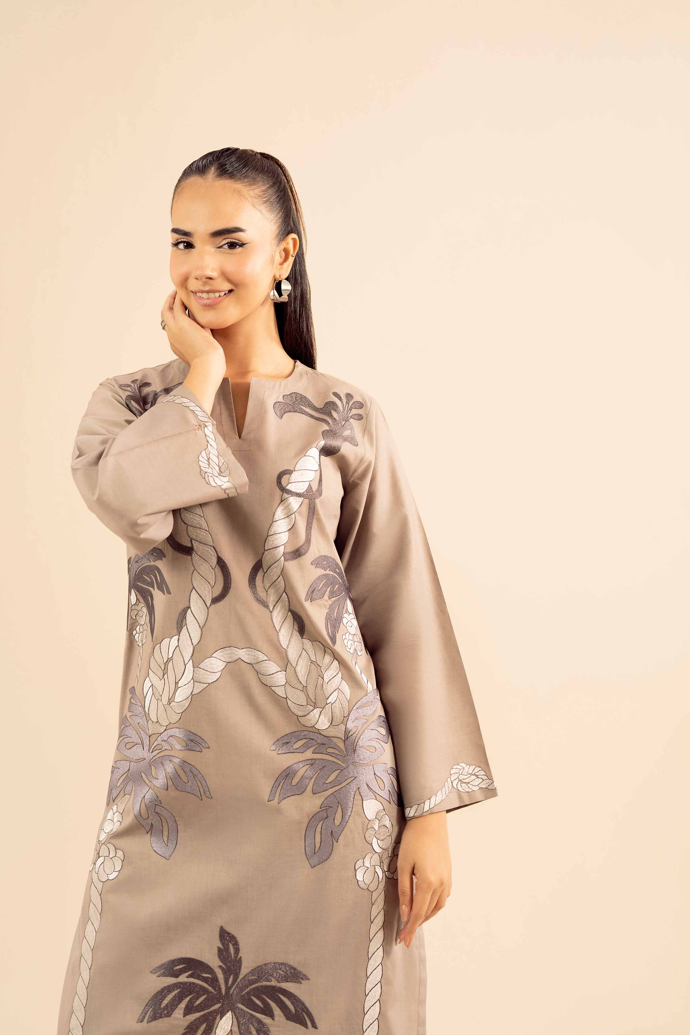 NISHATUAE - Grey Embroidered Tropical 2-piece Ready to wear Dress