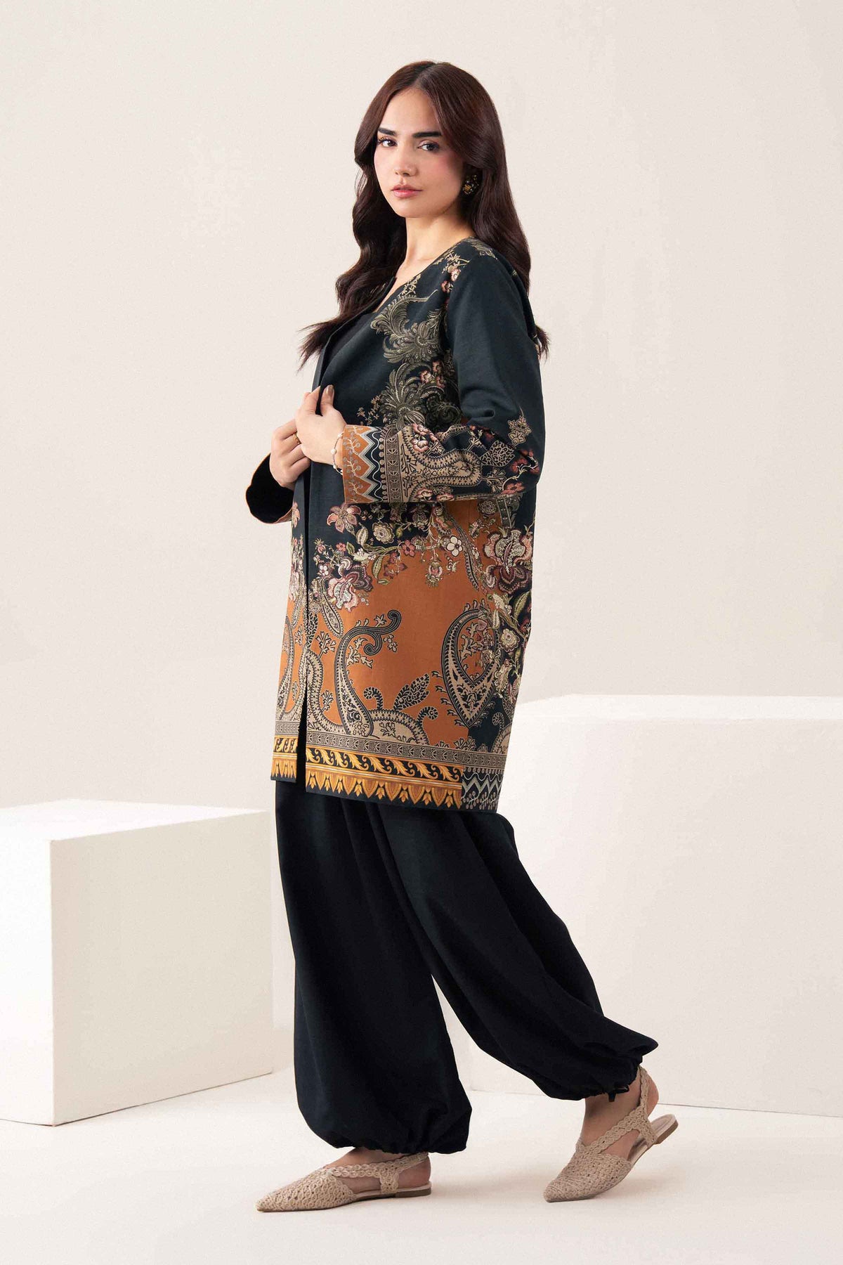 Blue Printed Jacket in Khaddar ready-to-wear