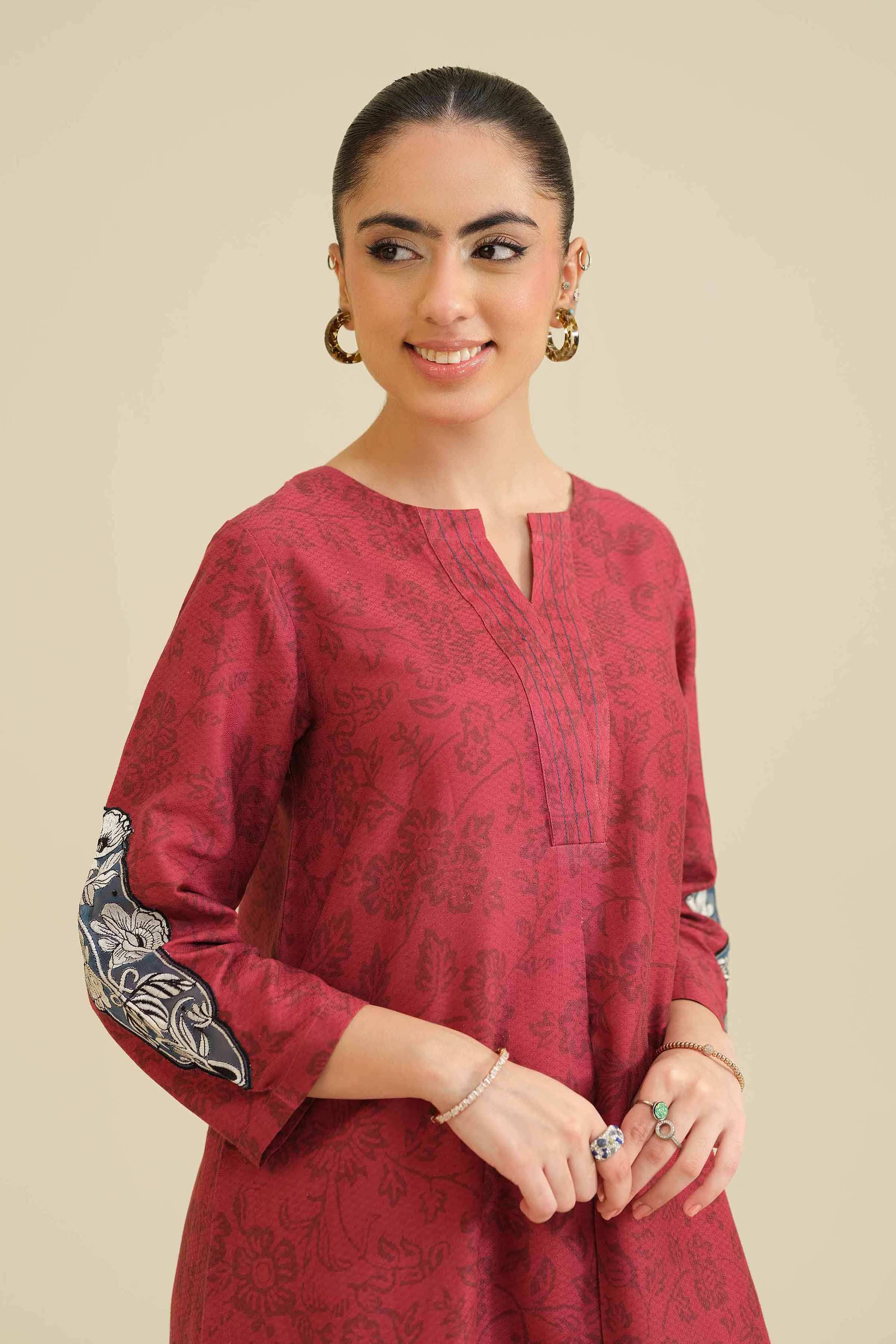 NISHATUAE - Maroon Embroidered Cambric Ready to wear Shirt