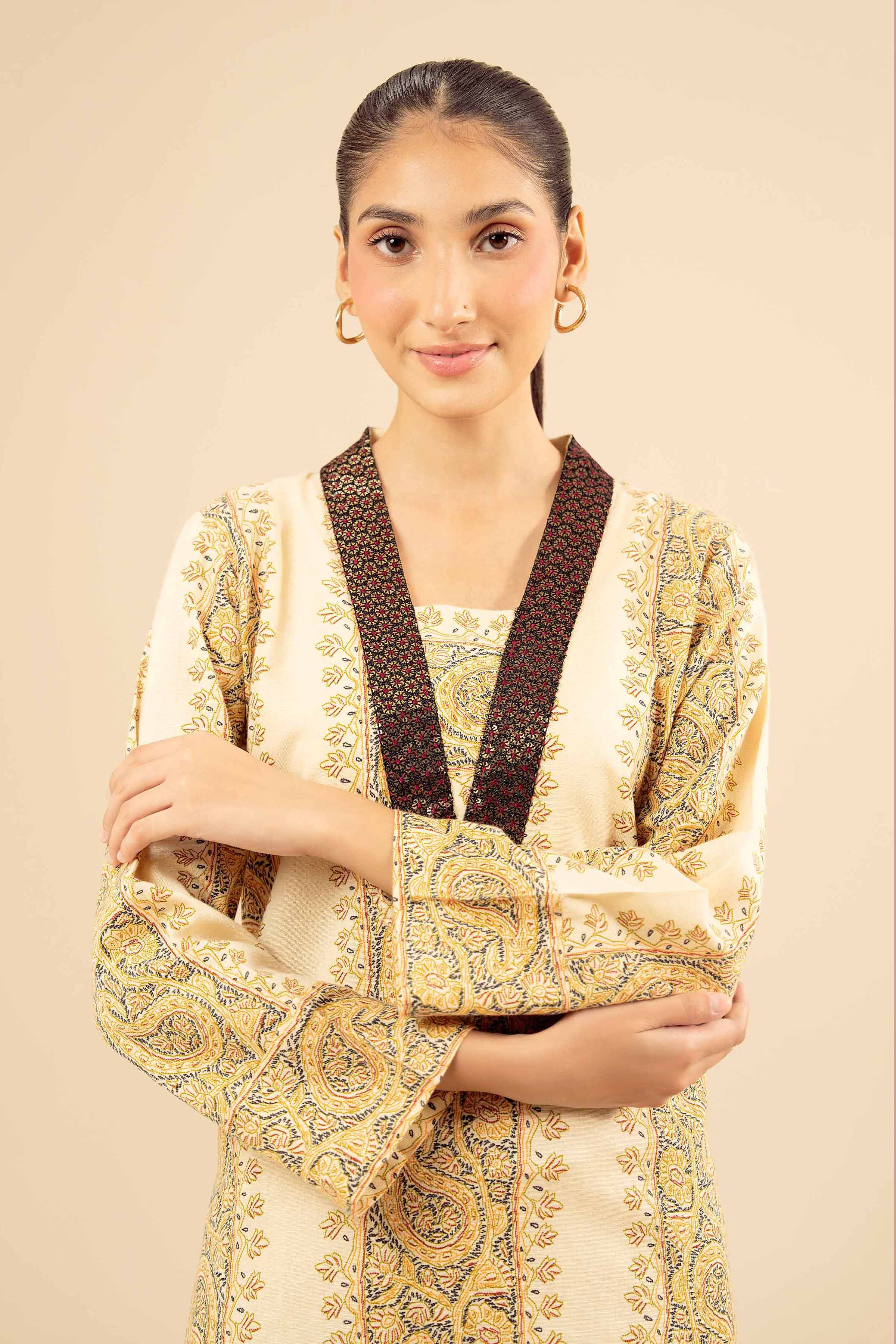 NISHATUAE - Beige Embroidered Karandi Ready to wear Shirt