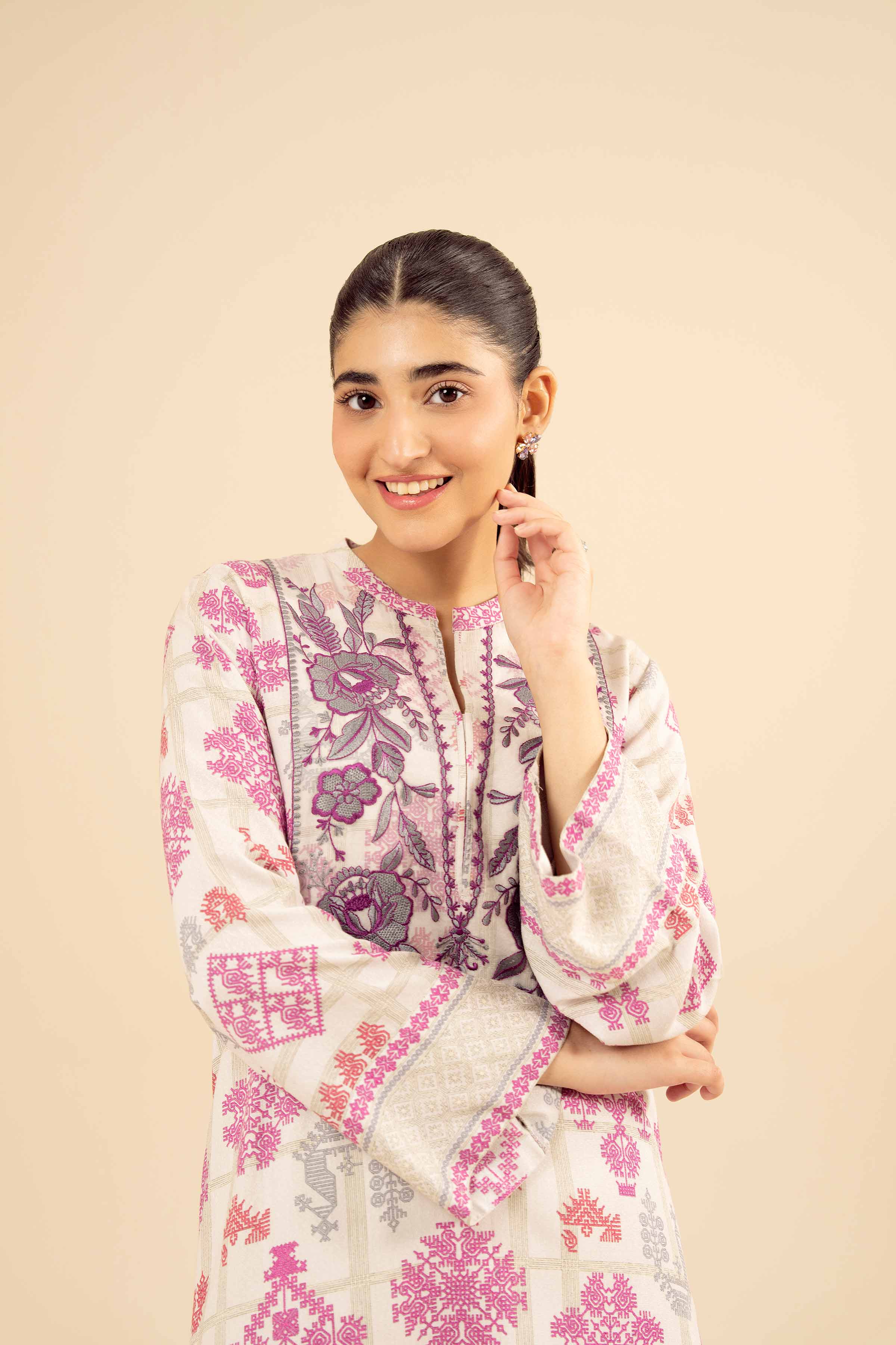 NISHATUAE - Off White Embroidered Karandi Ready to wear Shirt