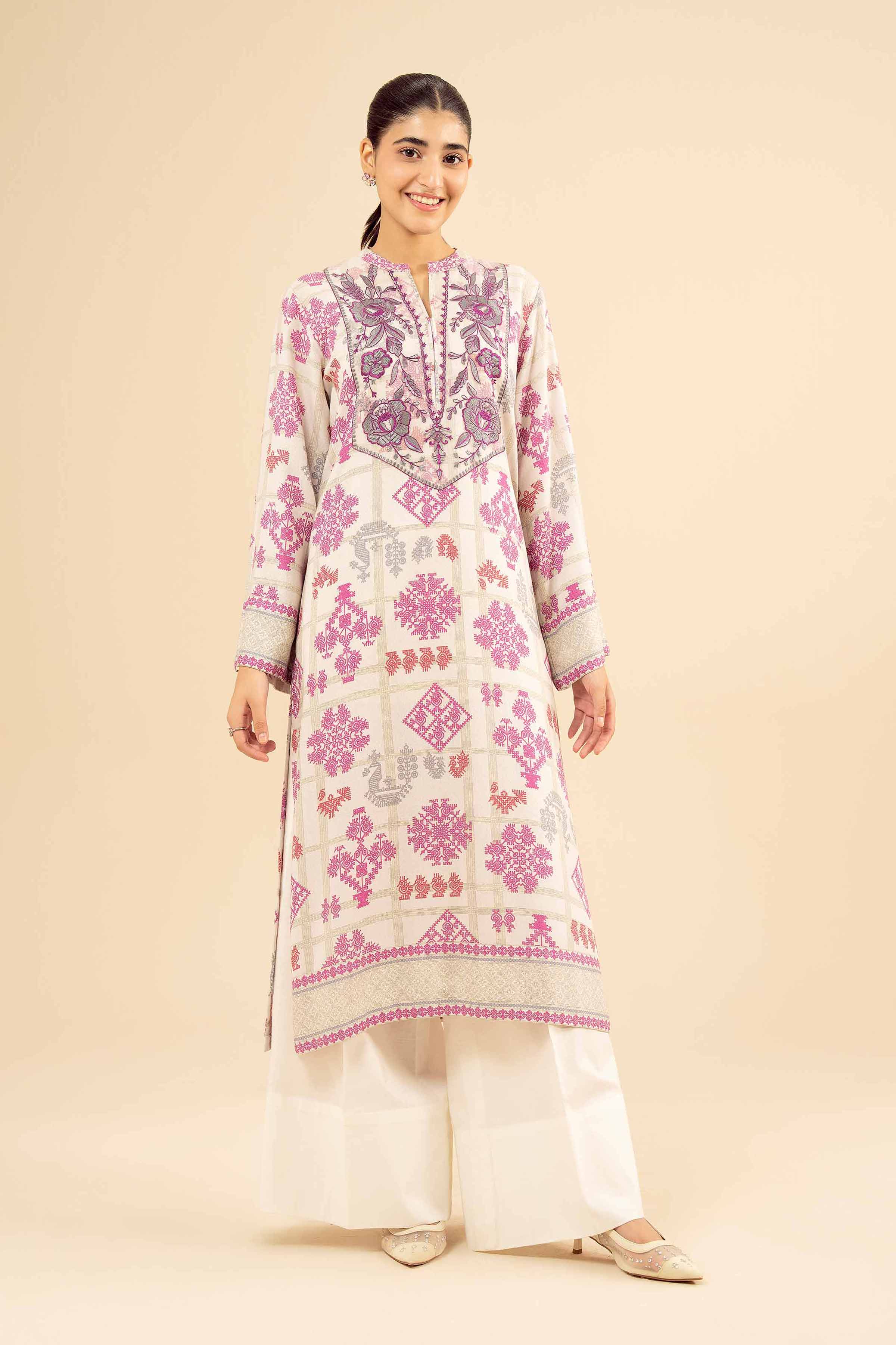 NISHATUAE - Off White Embroidered Karandi Ready to wear Shirt