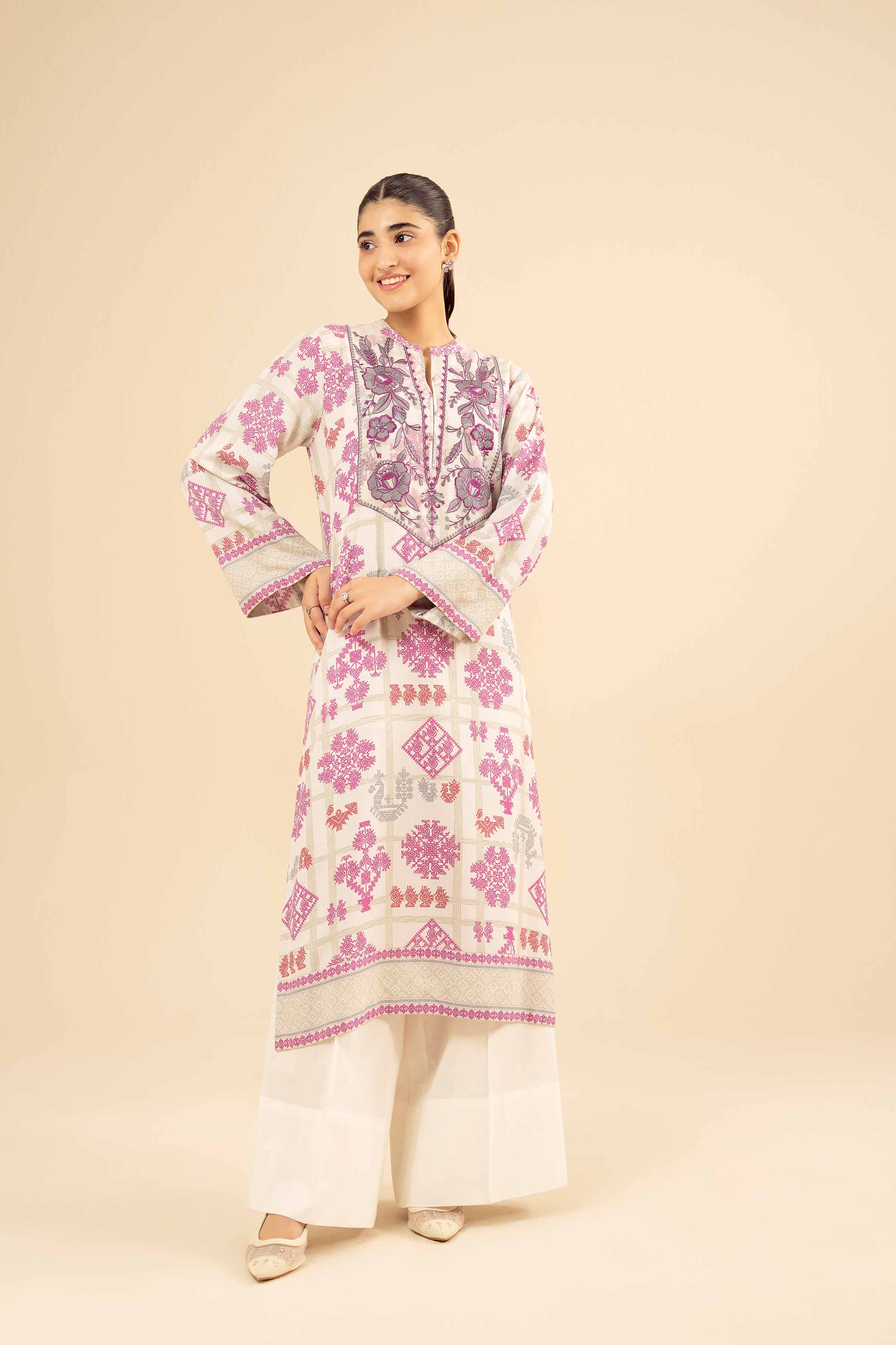 NISHATUAE - Off White Embroidered Karandi Ready to wear Shirt