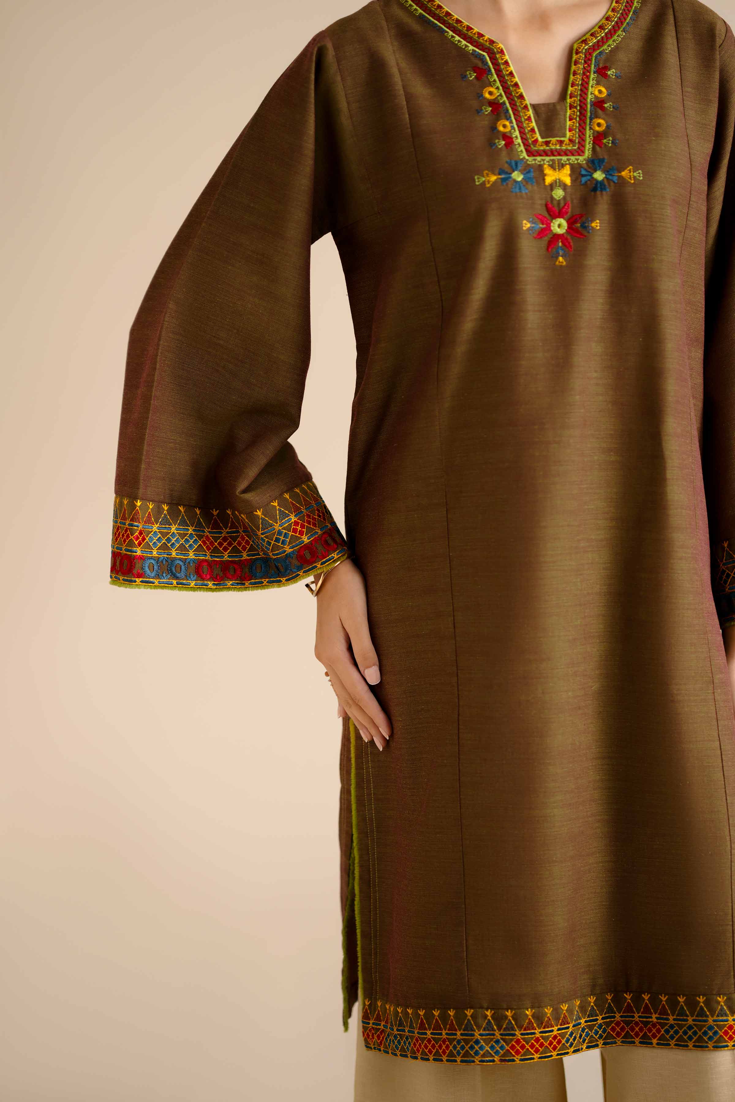NISHATUAE - Brown Embroidered Khaddar Ready to wear Shirt